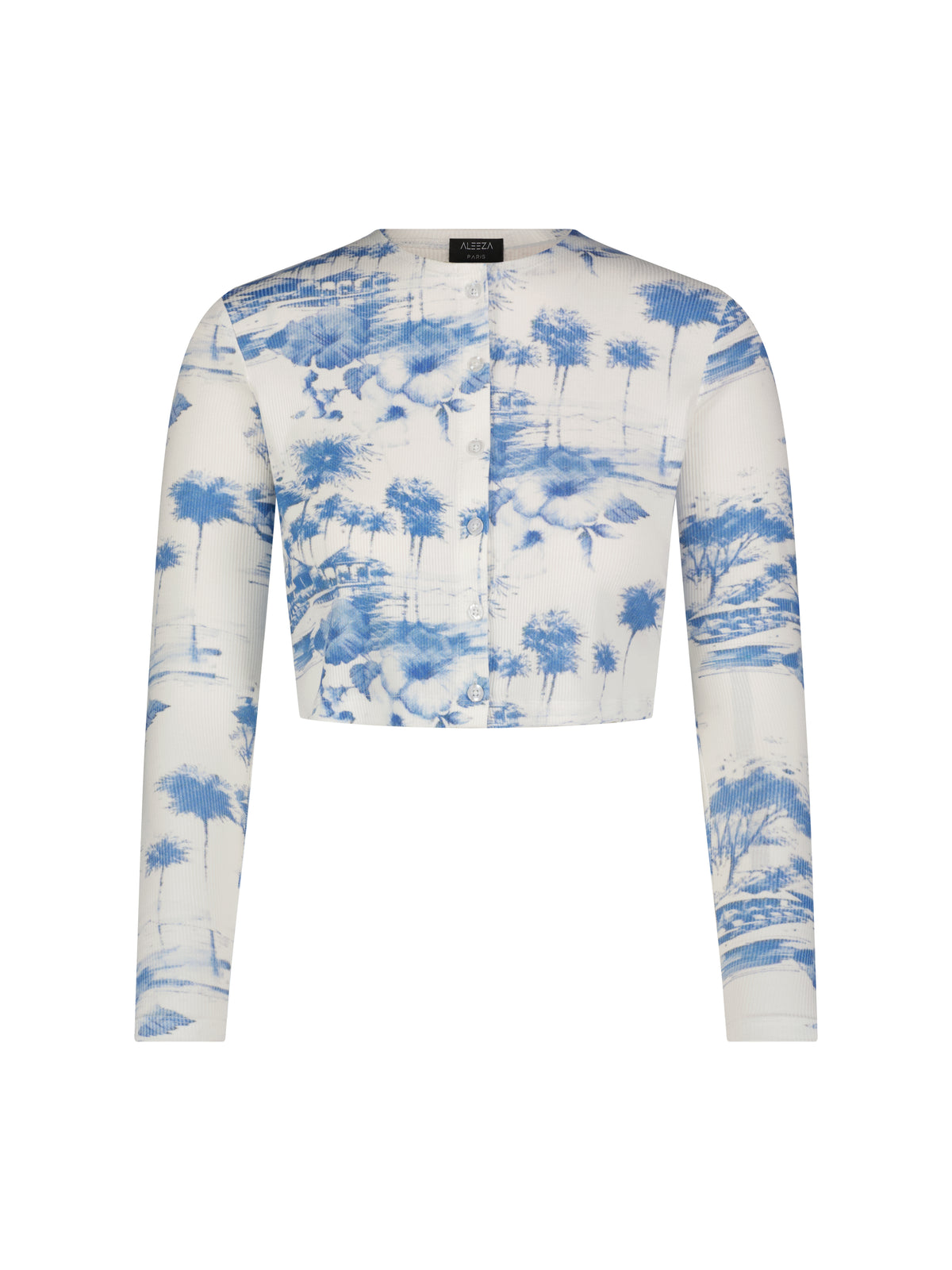 Aleeza Paris Brisa Water Print Cropped Cardigan – modest top in Ivory With Blue Print