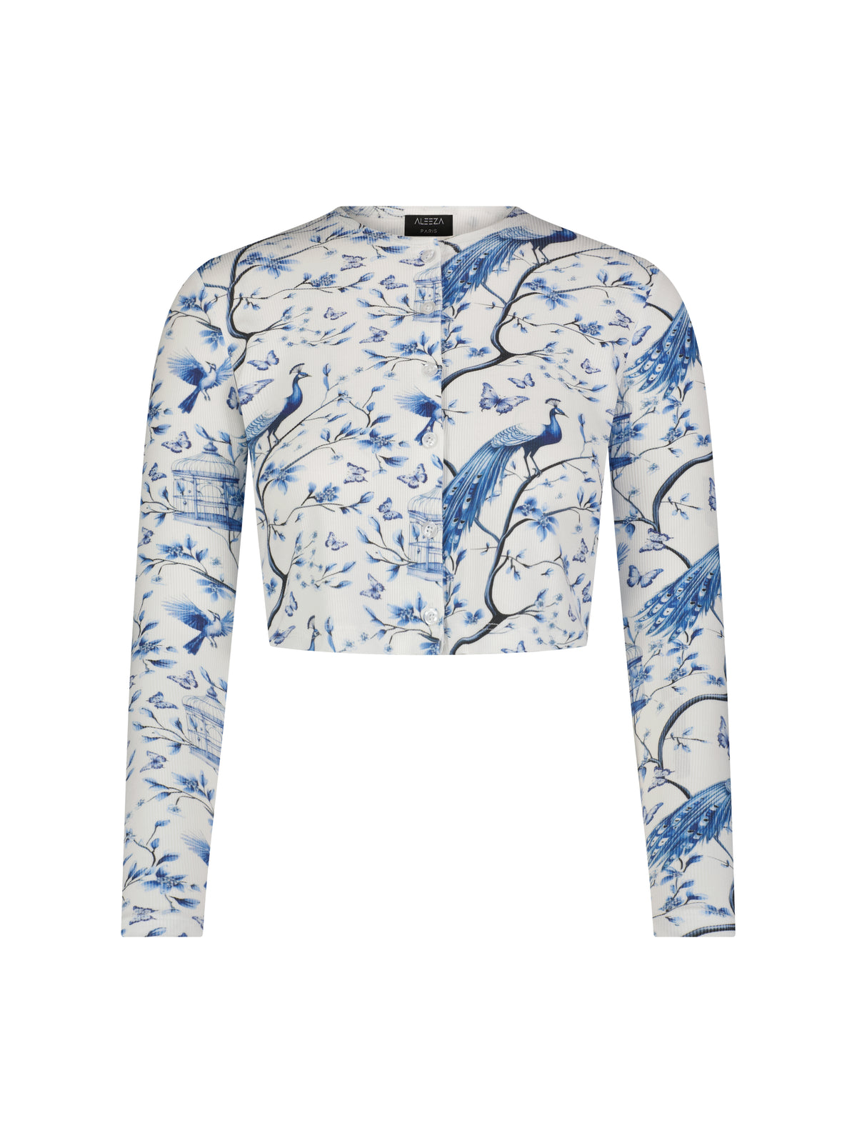Aleeza Paris Koda Bird Print Cropped Cardigan ( Brisa ) – modest top in Ivory With Blue Print