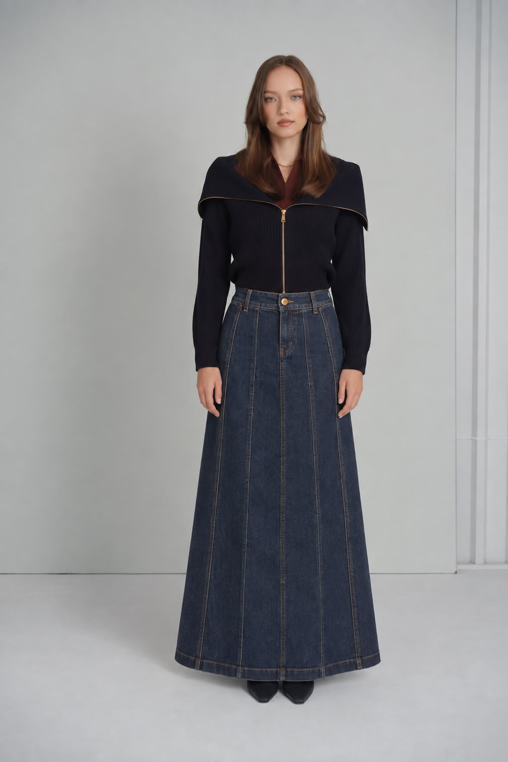 High-Waisted Panel Pleated Denim Maxi Skirt