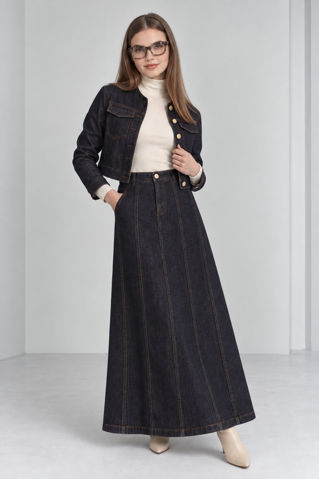 High-Waisted Panel Pleated Denim Maxi Skirt