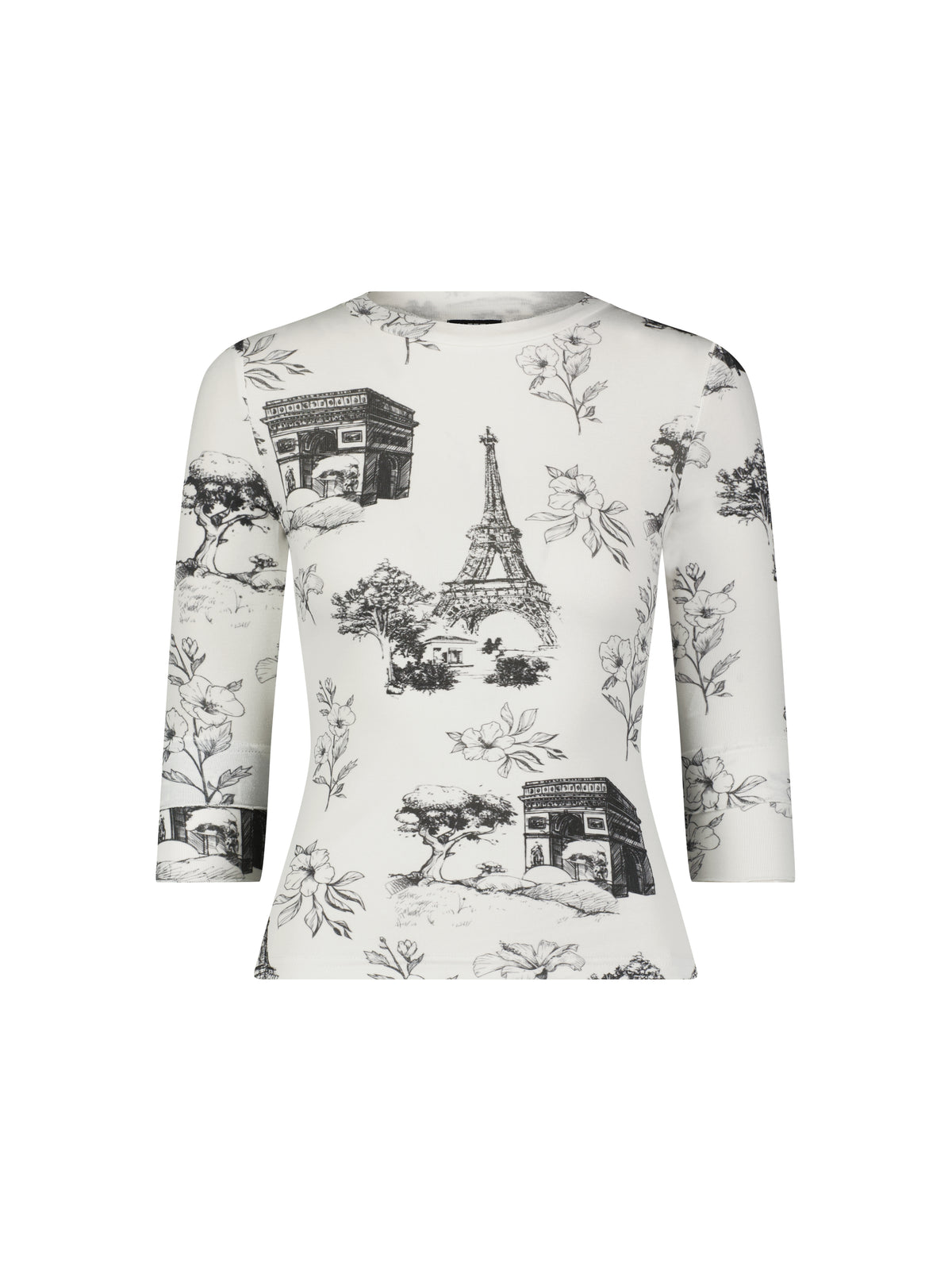 Aleeza Paris Abby Eiffel T-Shirt – modest top in Ivory, Black Print