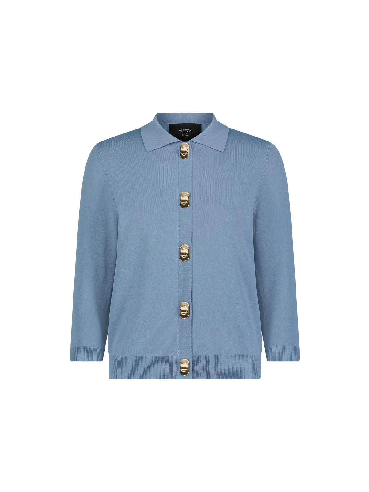 Aleeza Paris Barbara Gold Hardware Knit Cardigan – modest top in Dusty Blue