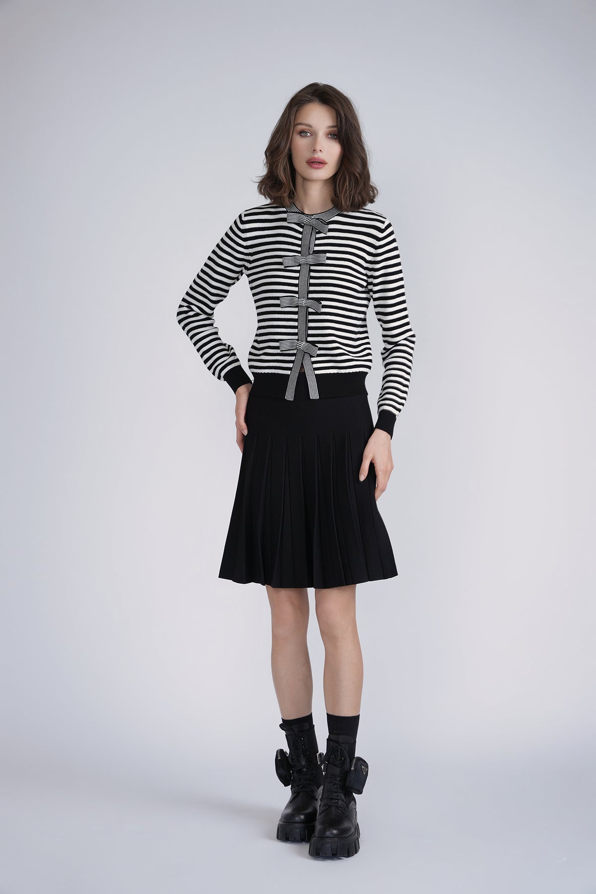 Aleeza Paris Bow Knit Cardigan – modest top in Black/Ivory