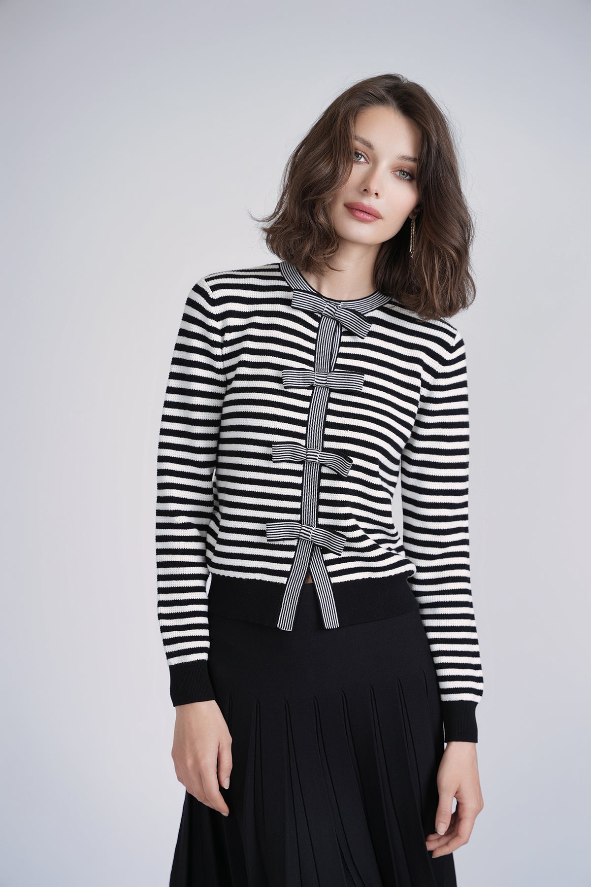 Aleeza Paris Bow Knit Cardigan – modest top in Black/Ivory