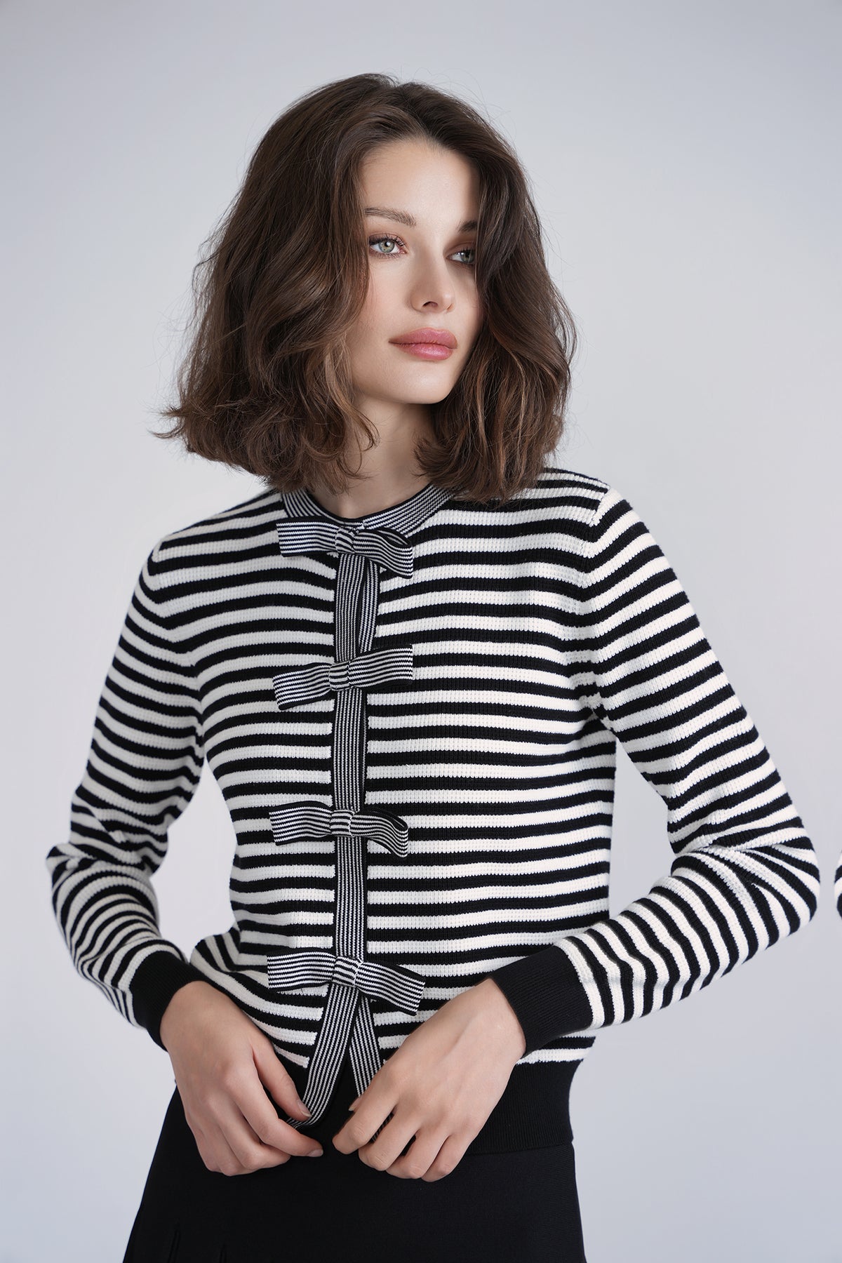 Aleeza Paris Bow Knit Cardigan – modest top in Black/Ivory