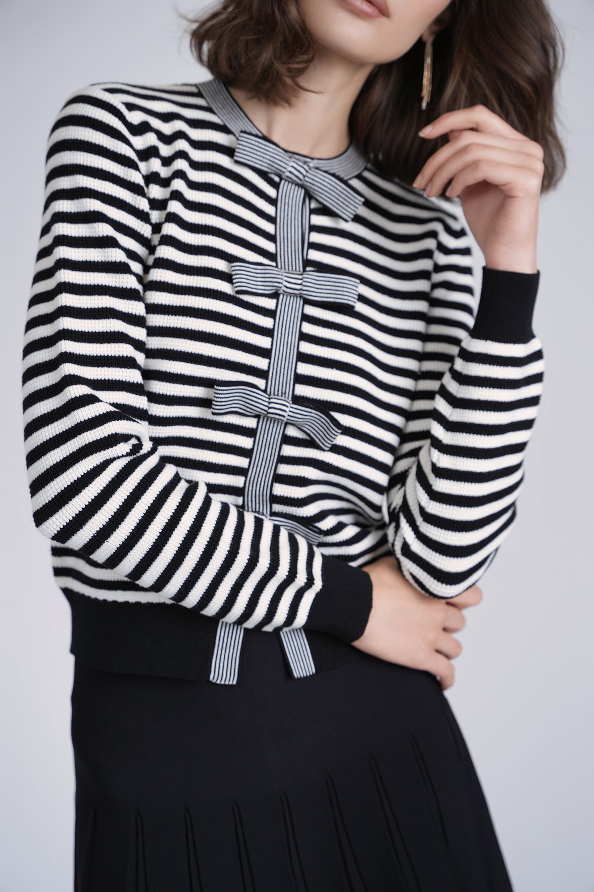 Aleeza Paris Bow Knit Cardigan – modest top in Black/Ivory