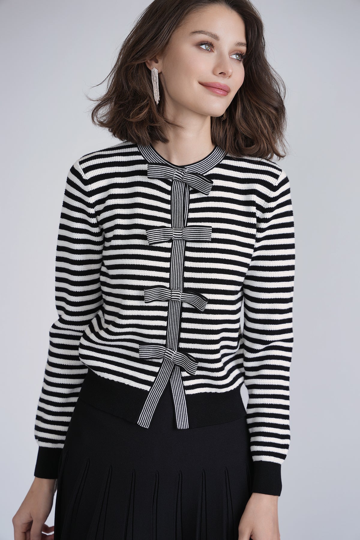 Aleeza Paris Bow Knit Cardigan – modest top in Black/Ivory