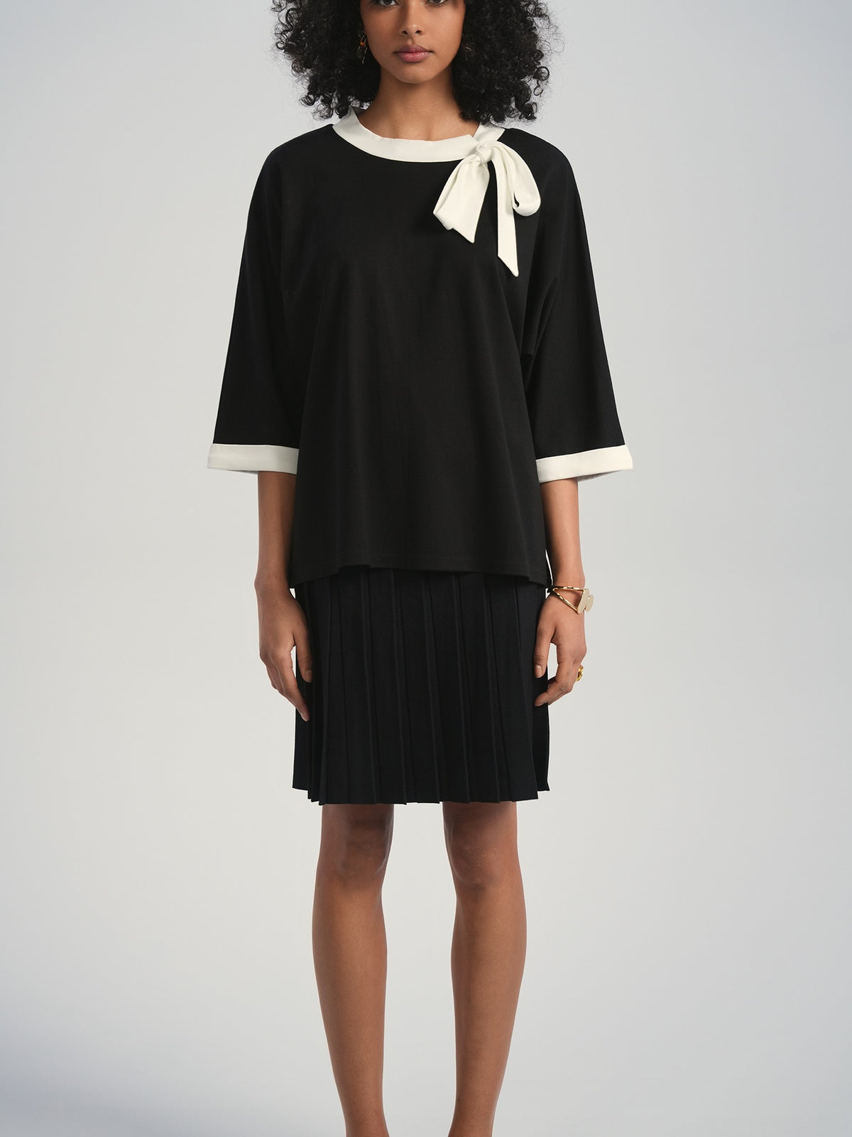 Aleeza Paris Clare Top – modest dress in Black W/ Ivory Trim