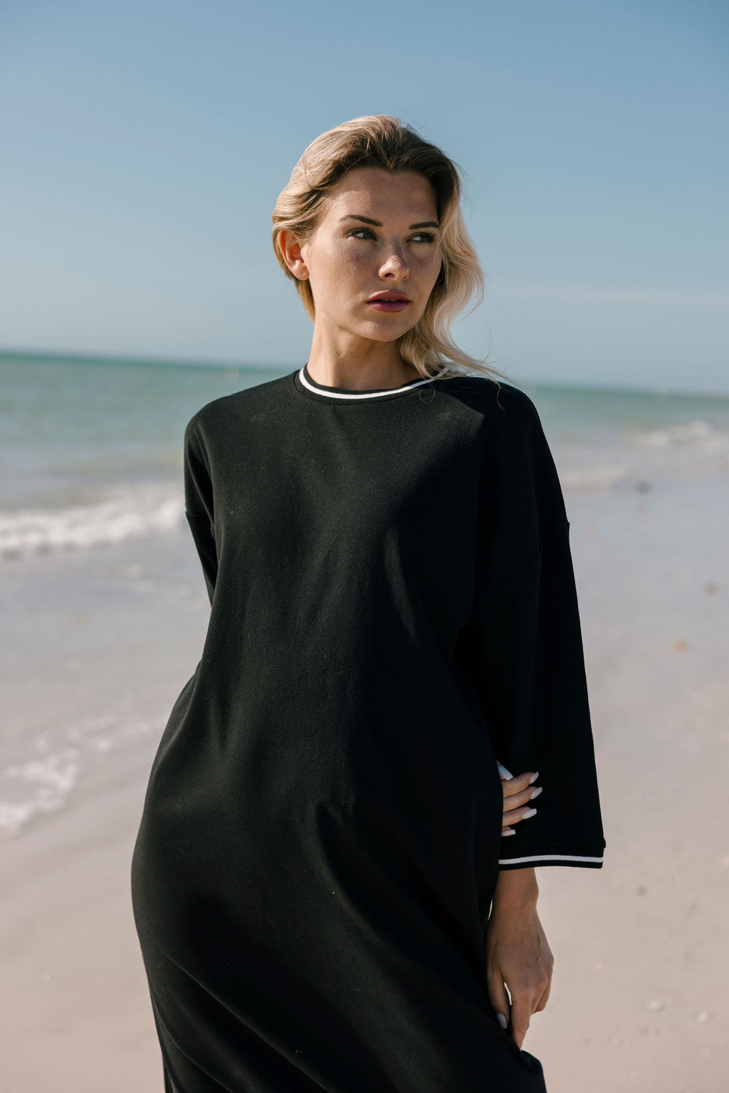 Aleeza Paris Comfort Dress – modest dress in Black W/ Ivory Trim