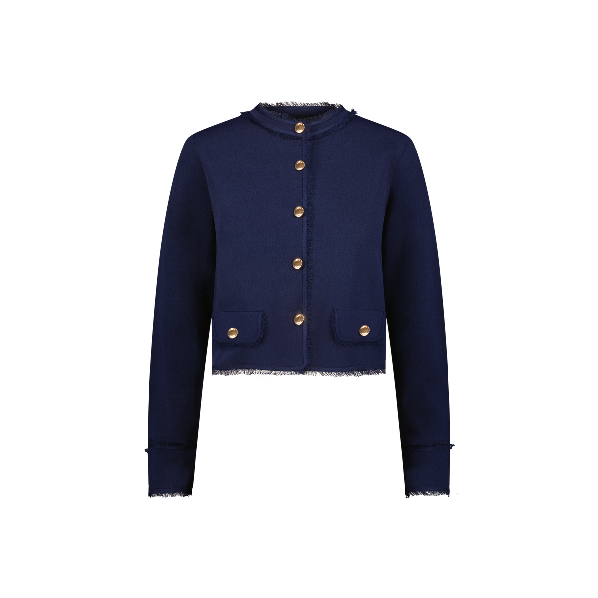 Aleeza Paris Cropped Button Jacket With Gold Accents – modest top in Navy