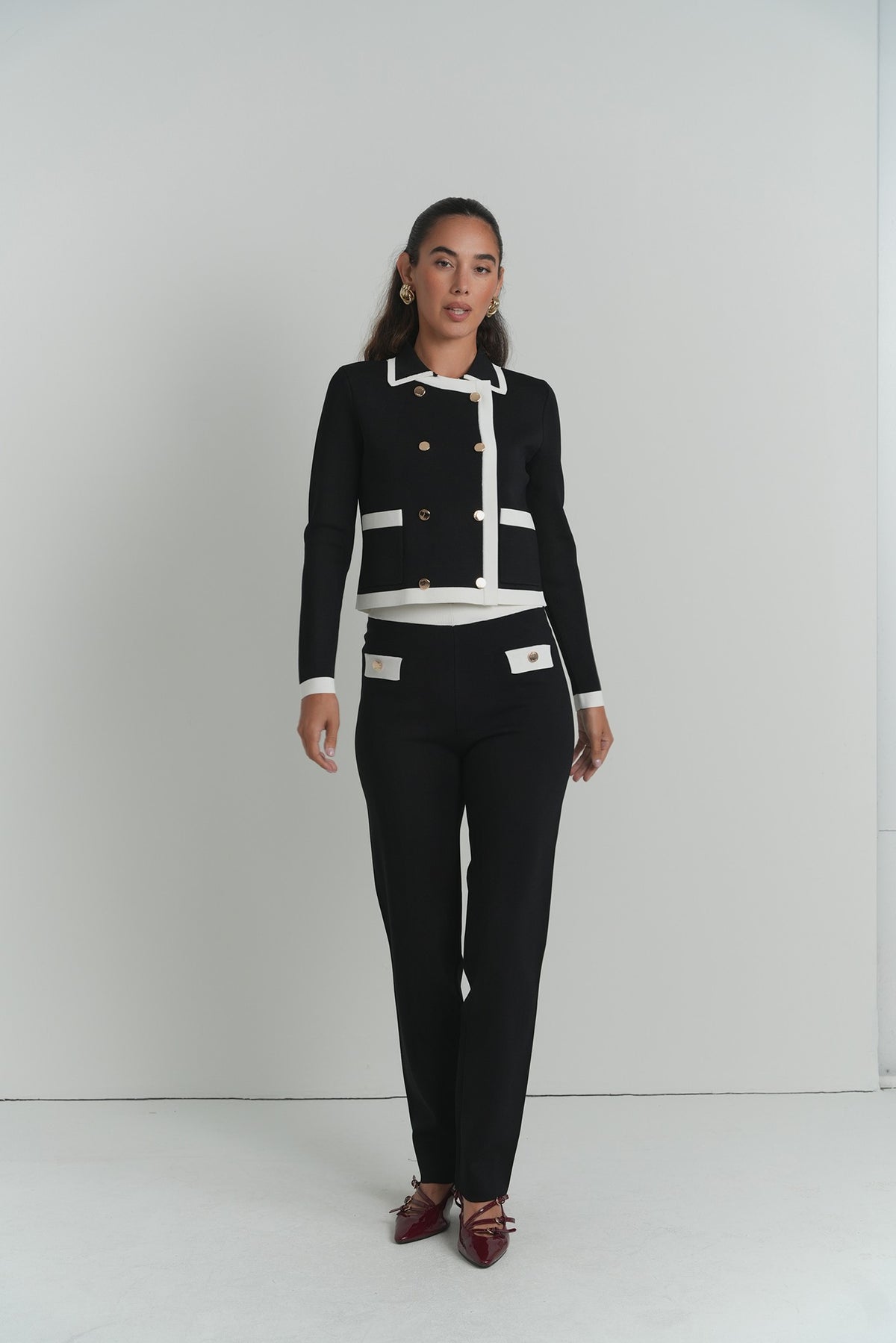 The Elodie Contrast Jacket in Black With White Edge – on model – ALEEZA PARIS