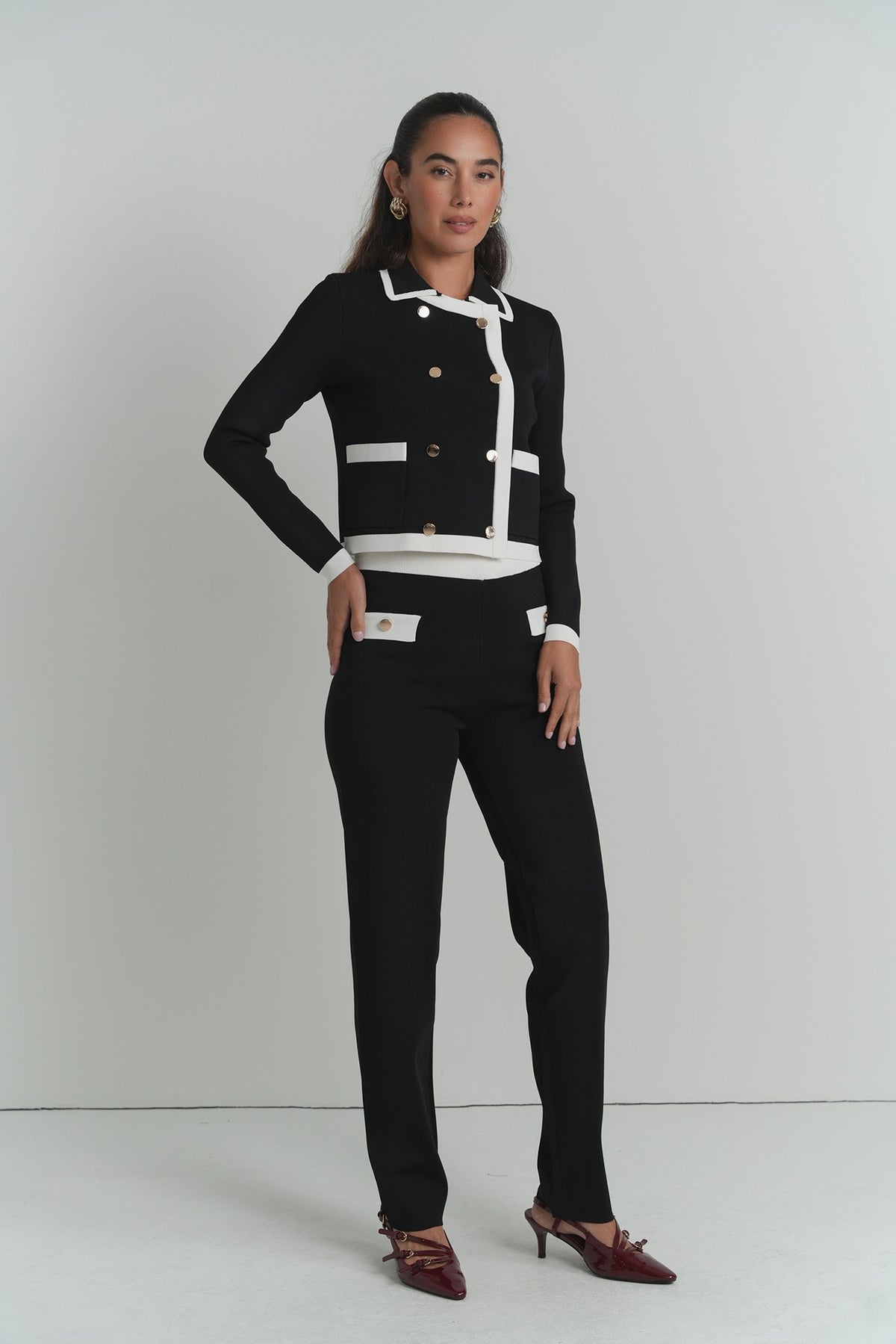 The Elodie Contrast Jacket in Black With White Edge – on model – ALEEZA PARIS