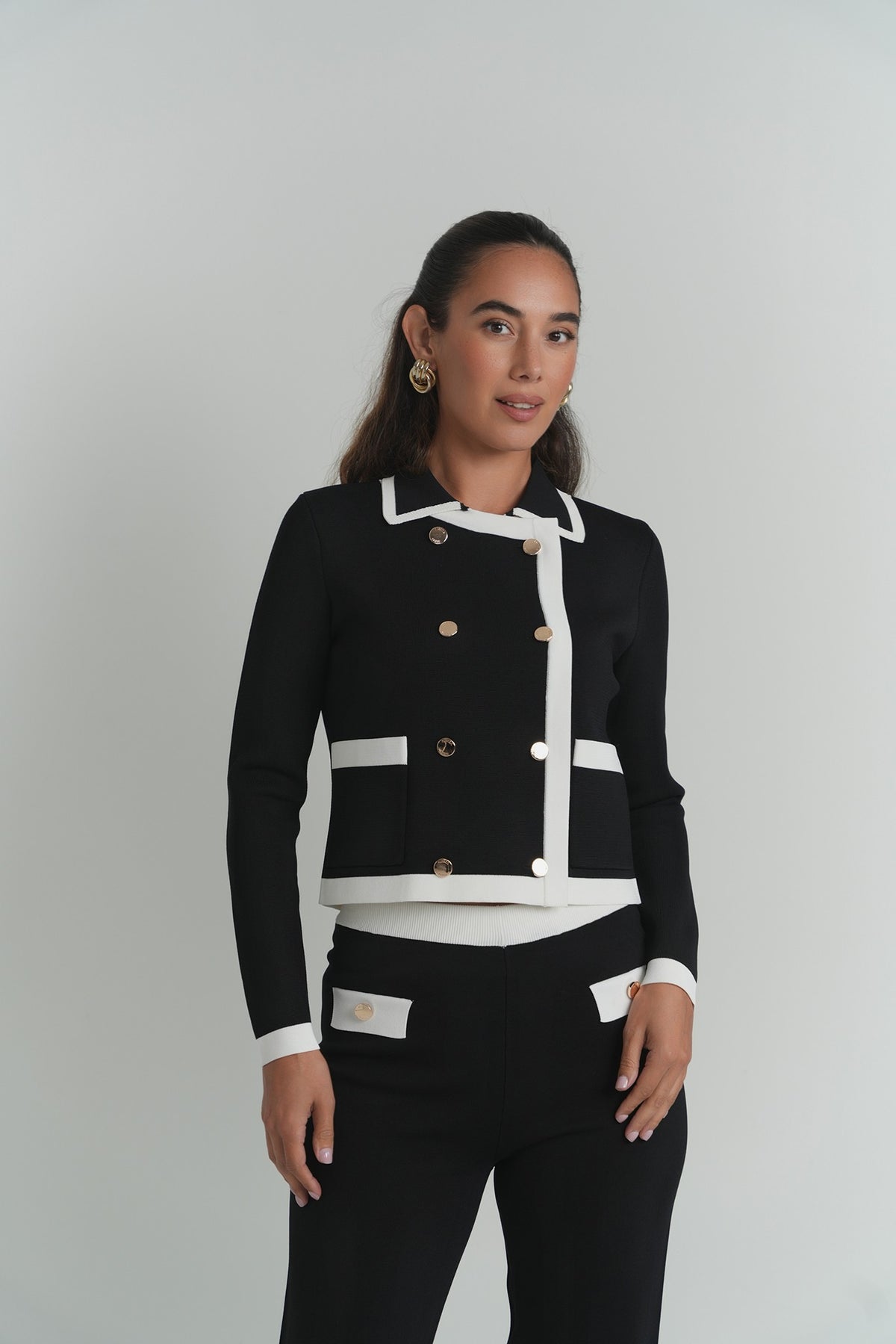 The Elodie Contrast Pants in Black With Ivory Edge – on model – ALEEZA PARIS