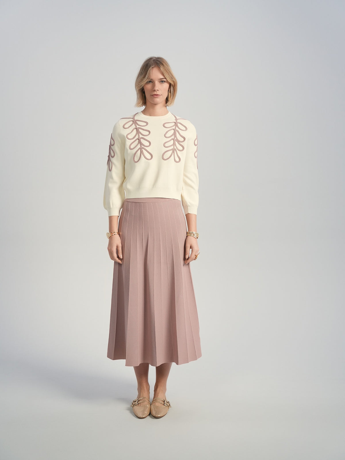 Aleeza Paris Embroidered Knit Top – modest top in Cream with Dusty Pink Leaves