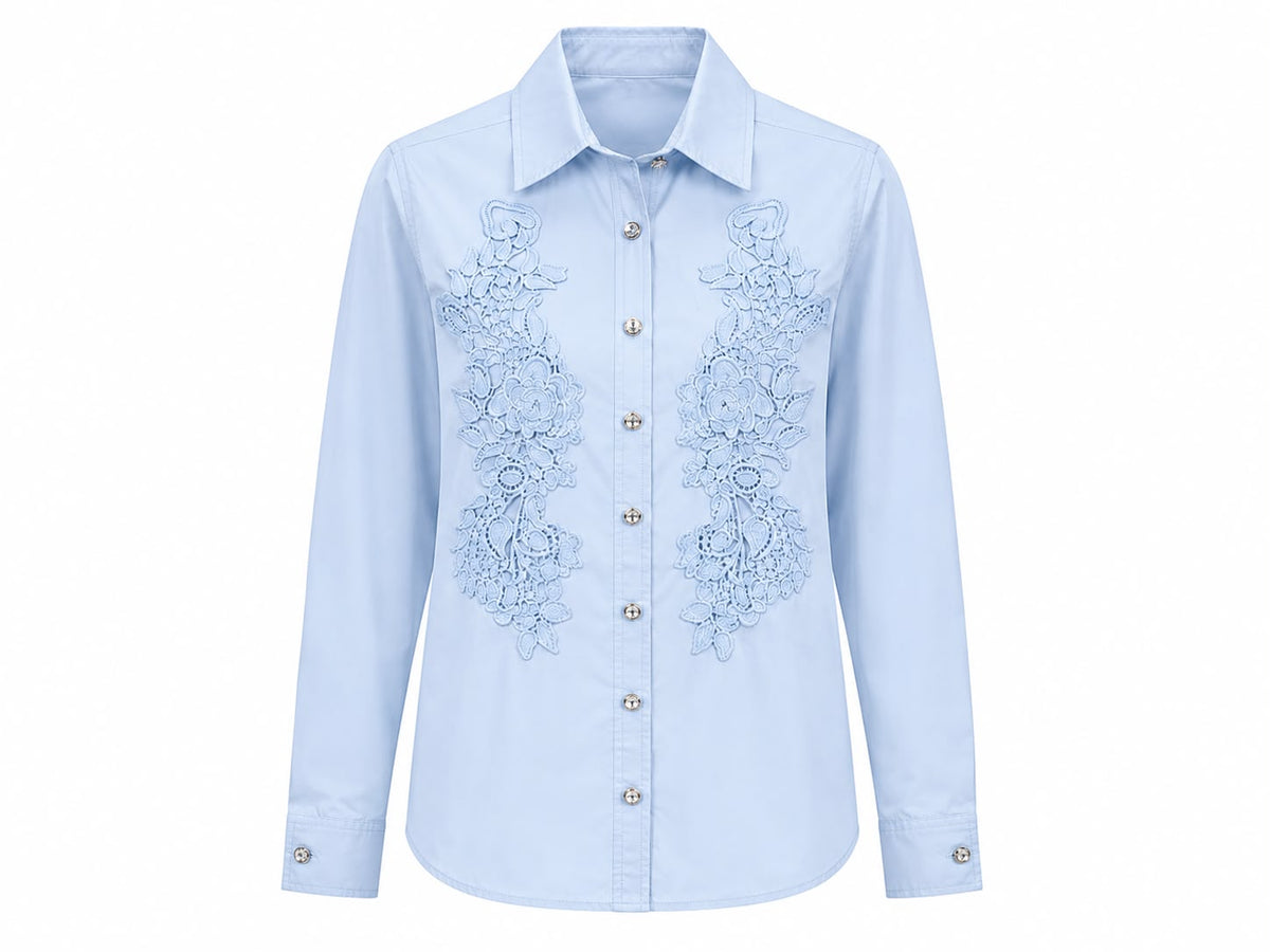 Aleeza Paris Embroidered Lace Shirt – modest top in Dusty Blue