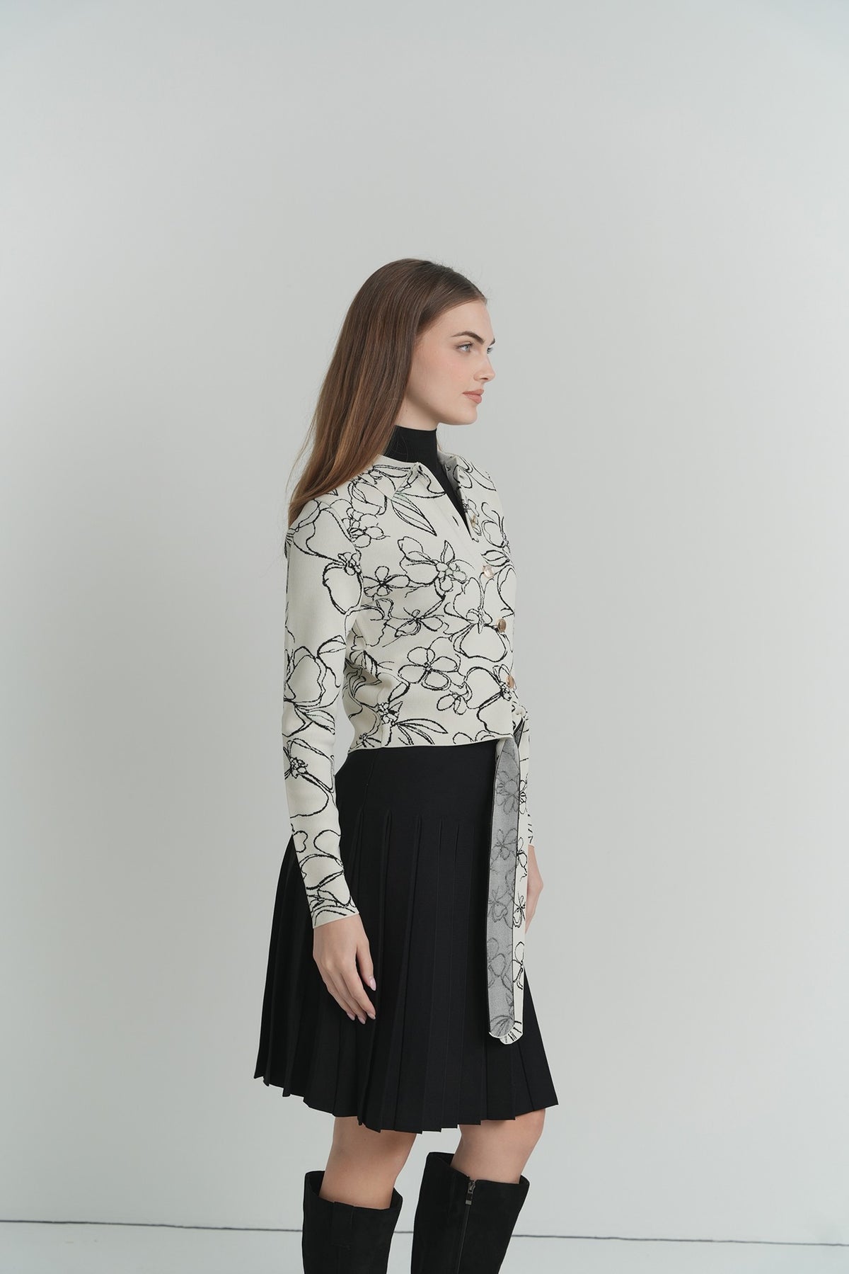 The Fleur Tie-Front Top in Cream With Black Flowers – on model – ALEEZA PARIS