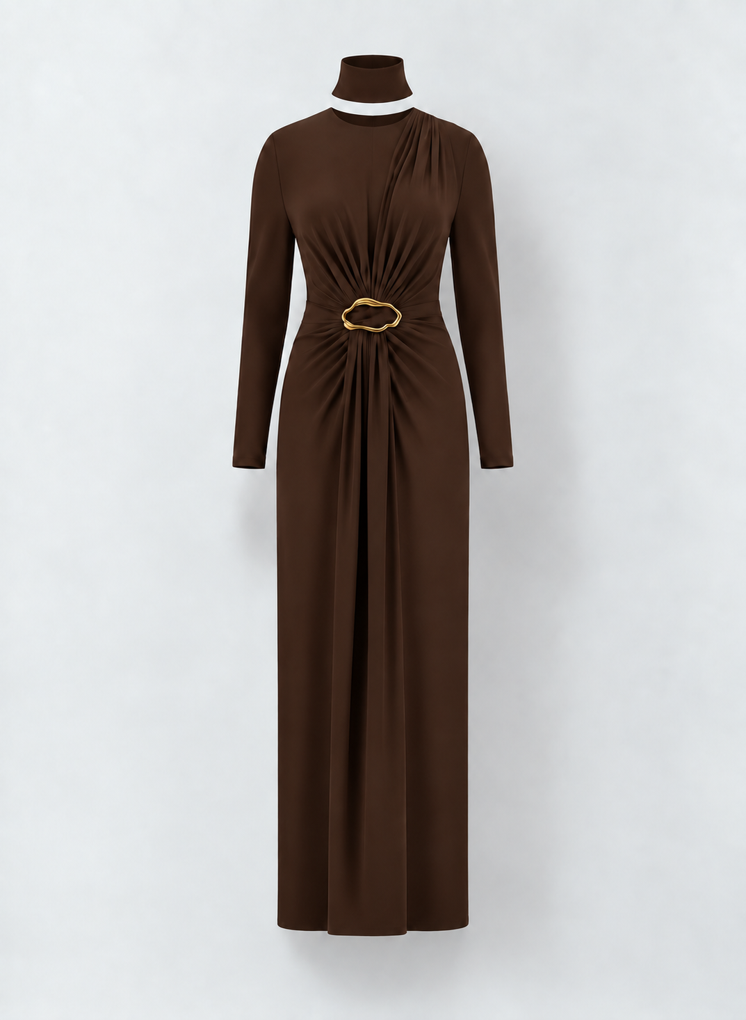 Aleeza Paris High-Neck Draped Dress – modest dress in Brown
