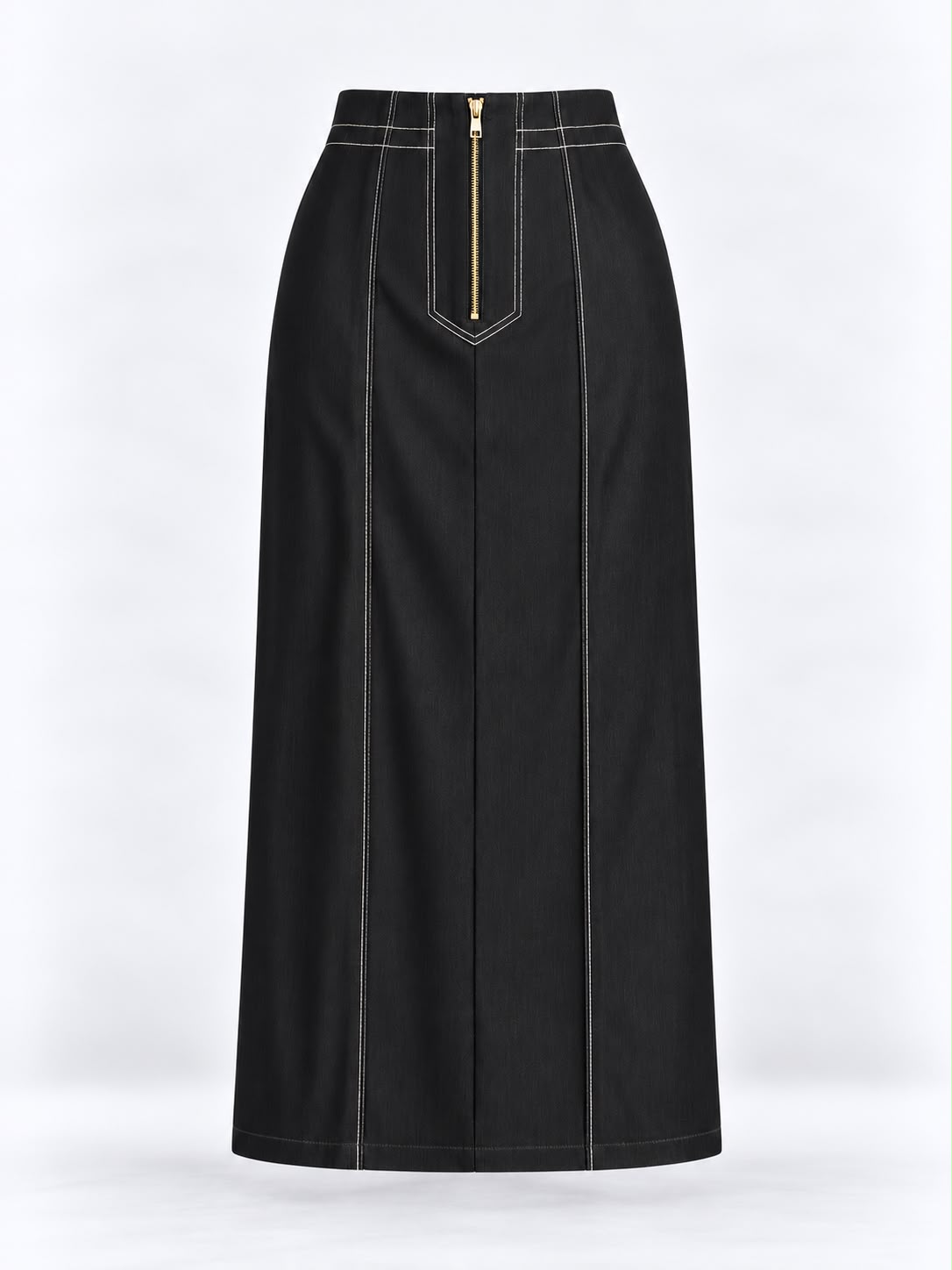 Aleeza Paris High-Waisted Contrast-Stitch Denim Midi Skirt – modest skirt in Black