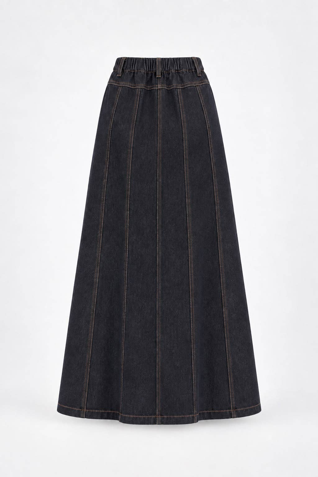 Aleeza Paris High-Waisted Panel Pleated Denim Maxi Skirt – modest skirt