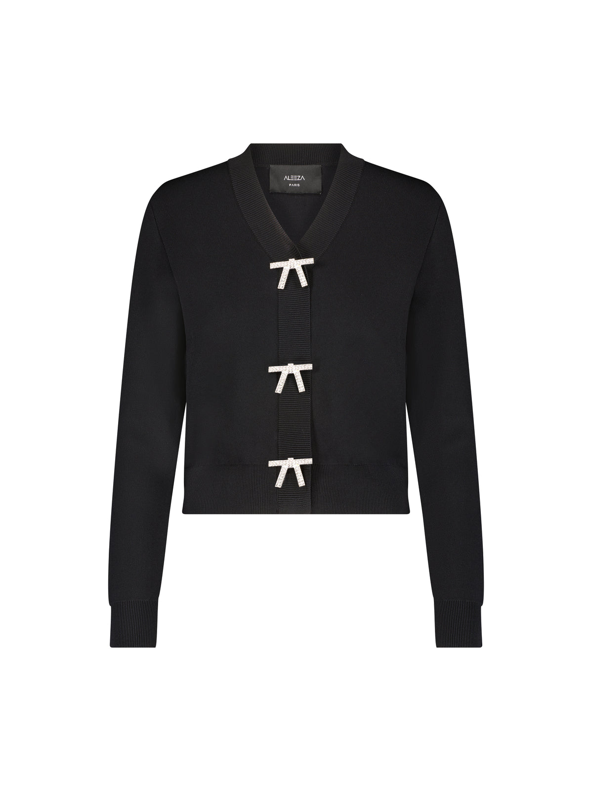 Aleeza Paris Jodie Rhinestone Bow Knit Cardigan – modest top in Black