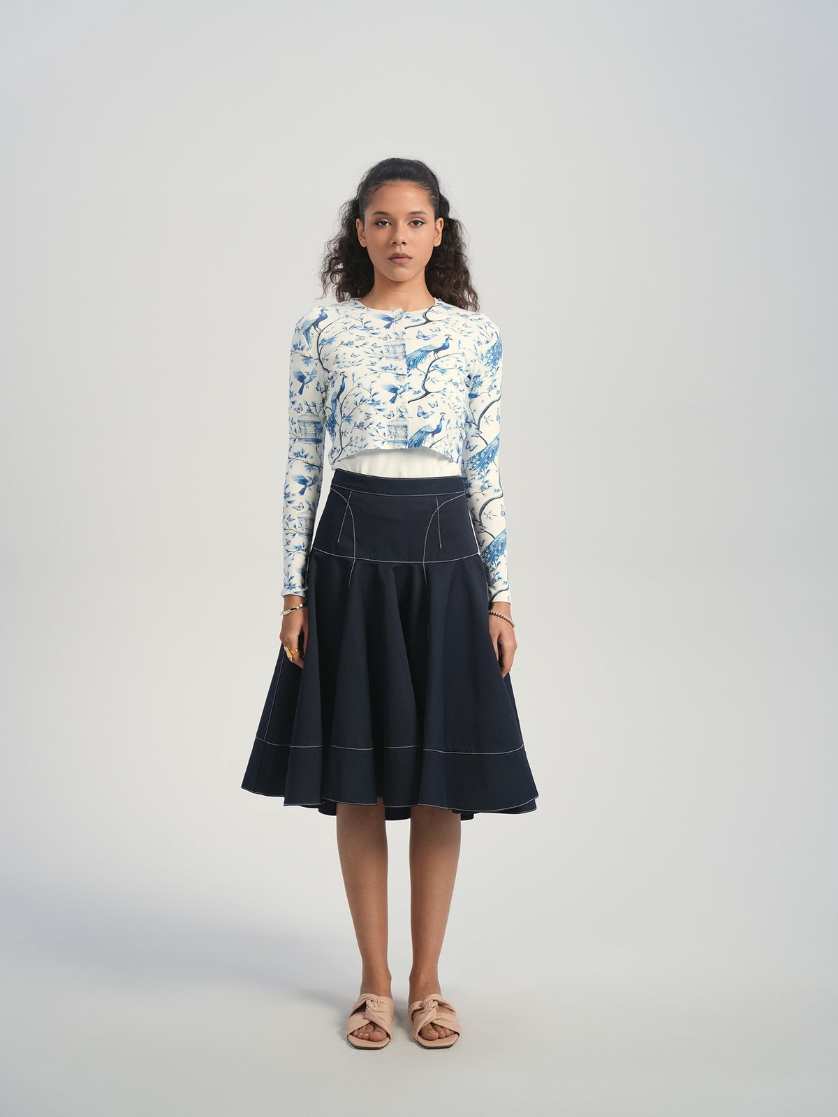 Aleeza Paris Koda Bird Print Cropped Cardigan ( Brisa ) – modest top in Ivory With Blue Print