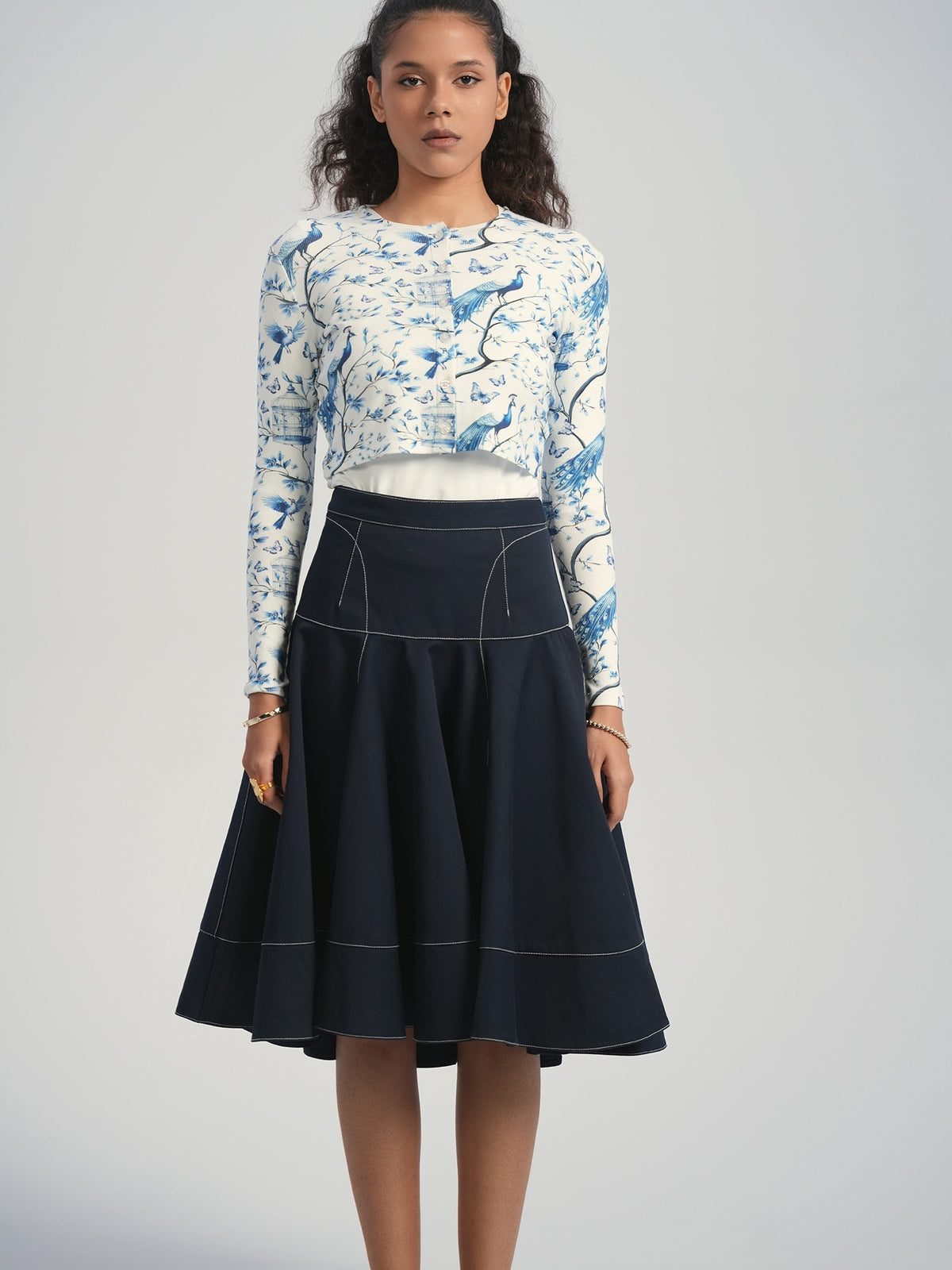 Aleeza Paris Koda Bird Print Cropped Cardigan ( Brisa ) – modest top in Ivory With Blue Print