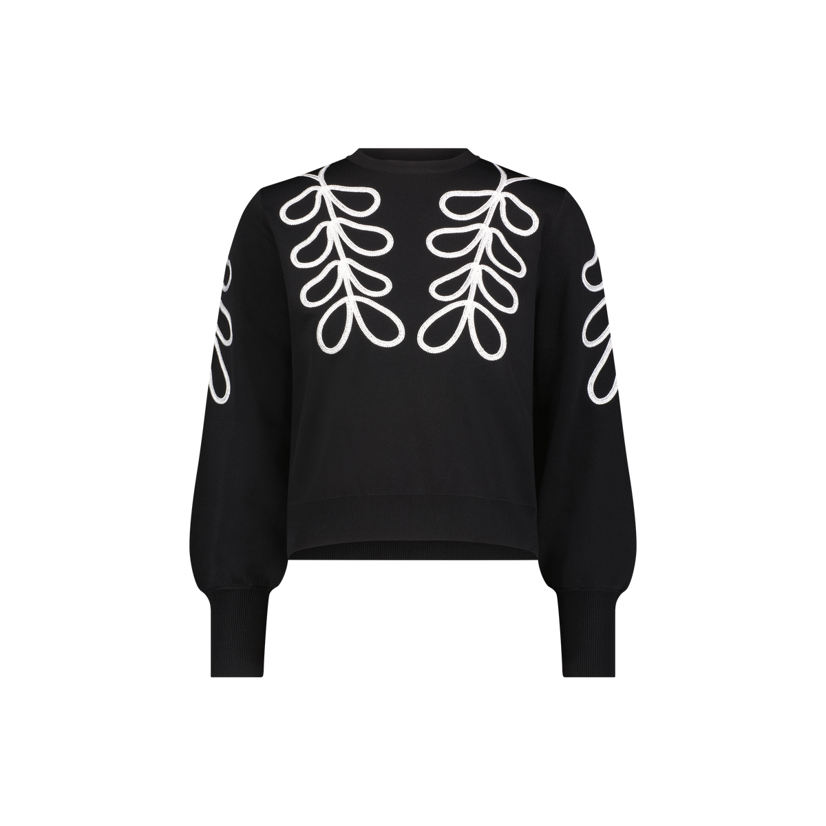 Aleeza Paris Loop Embroidered Sweatshirt – modest top in Black W Ivory Trim