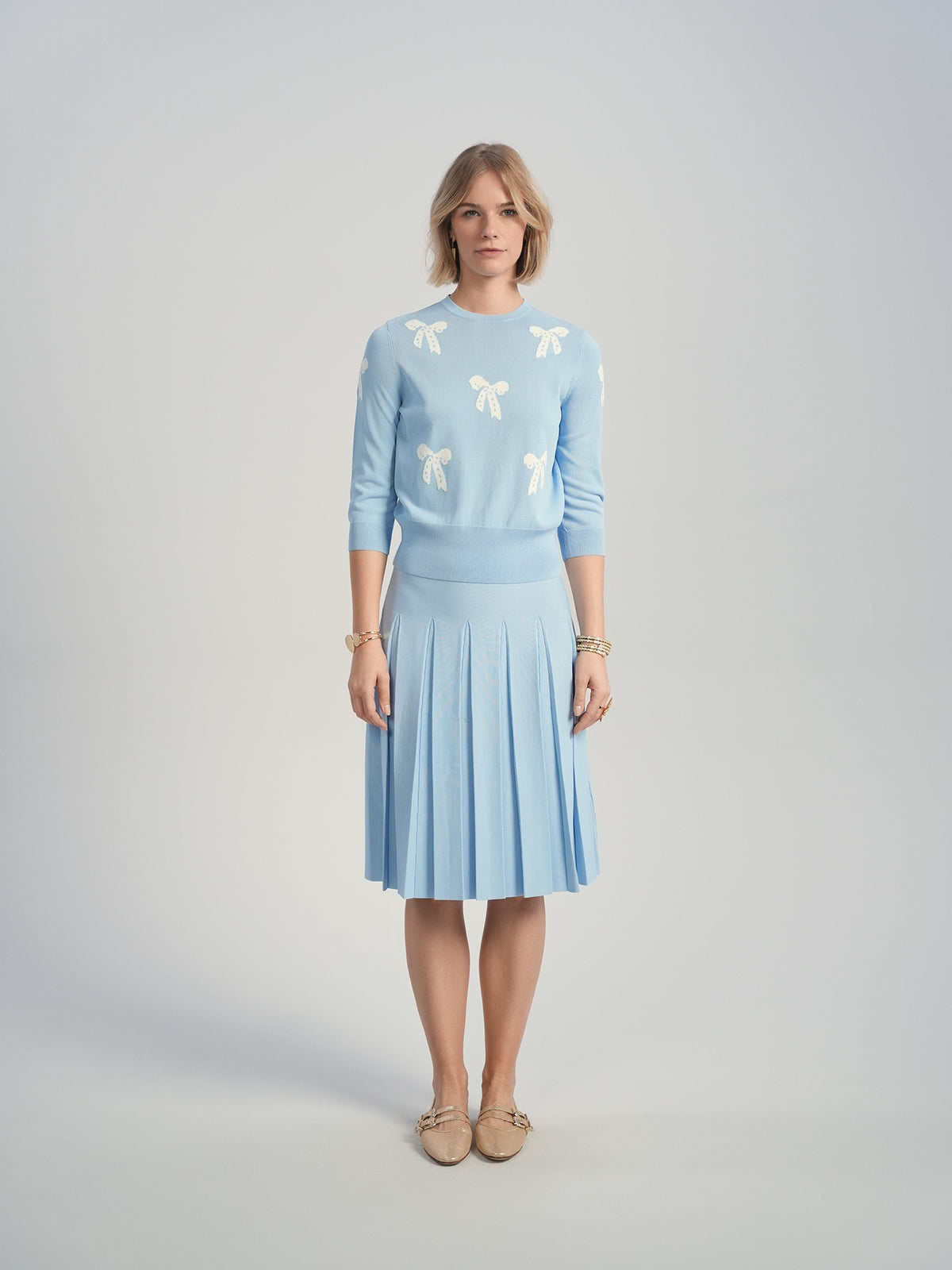Aleeza Paris Marion Bow Top – modest top in Baby Blue with Ivory Bows