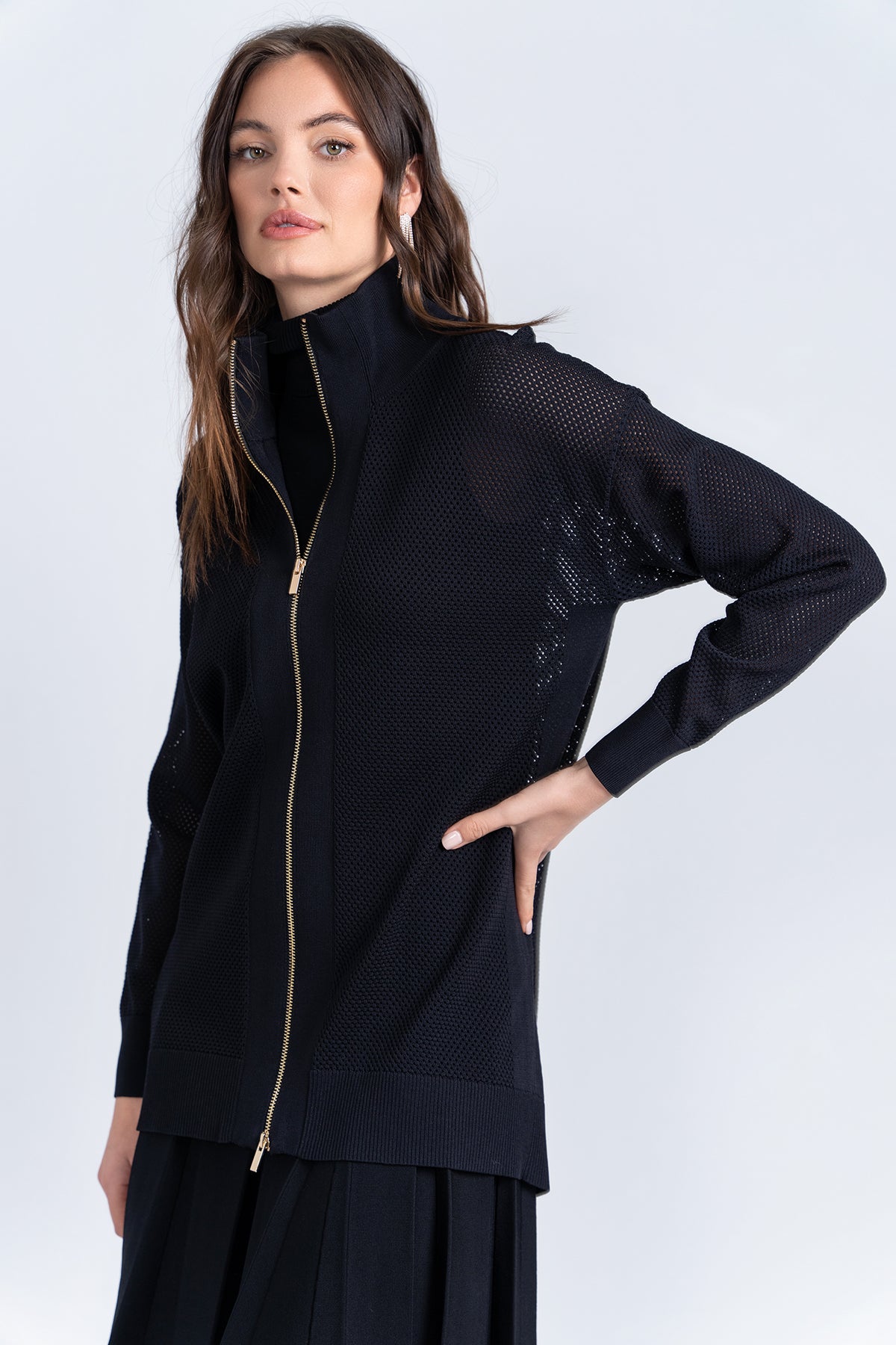 Aleeza Paris Mesh Knit Long Bomber – modest dress in Black