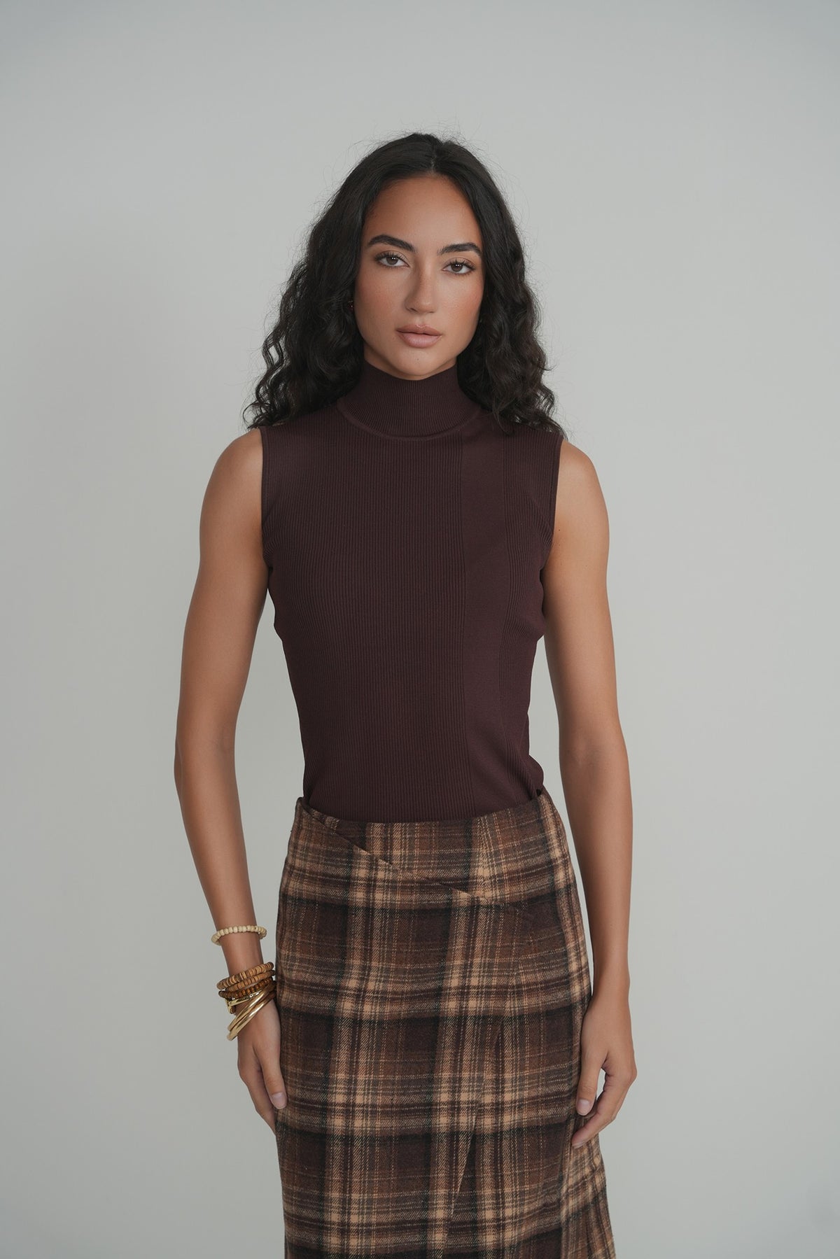 Mila Ribbed Mock Neck Top in Brown – on model – ALEEZA PARIS