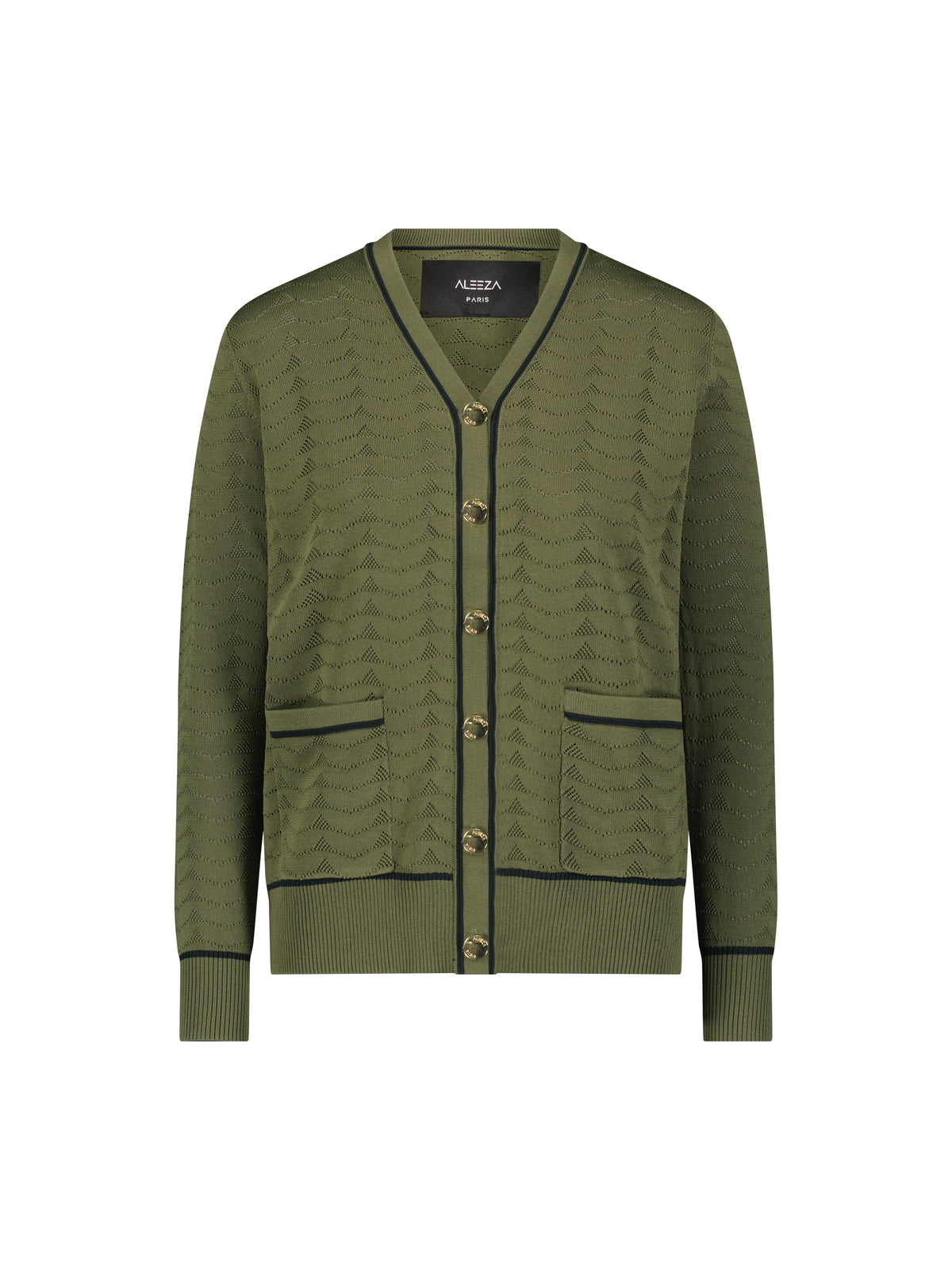 Aleeza Paris Nova Knit Cardigan – modest top in Moss Green W Black Trim