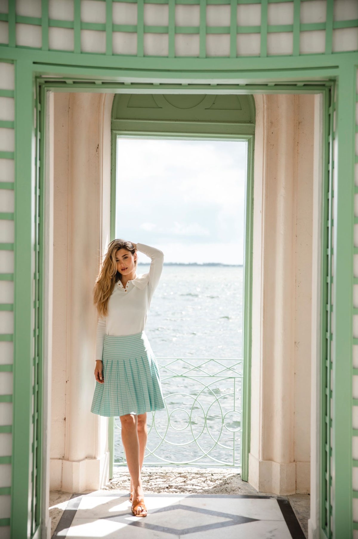 Aleeza Paris Pleated Houndstooth Skirt – modest skirt in Aqua & White