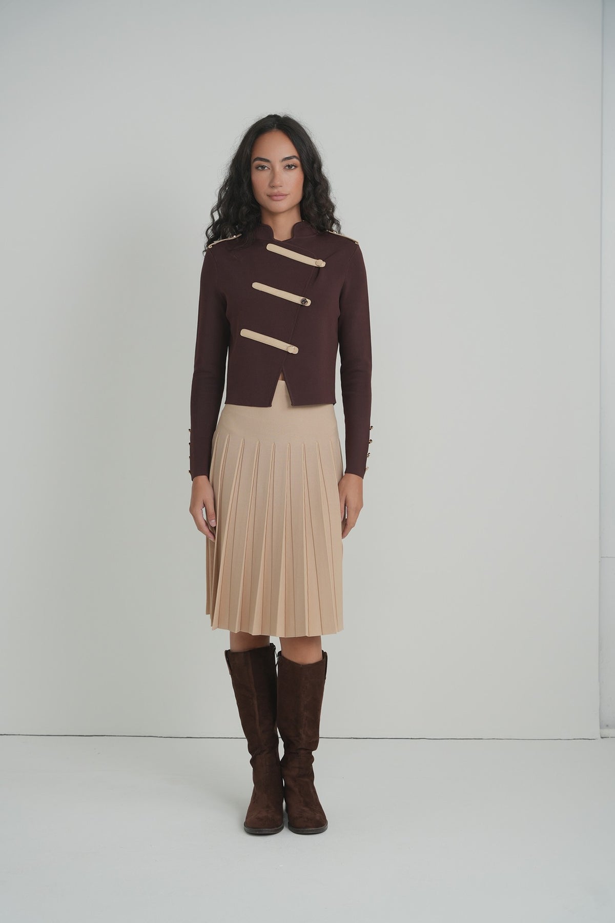 Pleated Wonder Skirt in Mocha – on model – ALEEZA PARIS