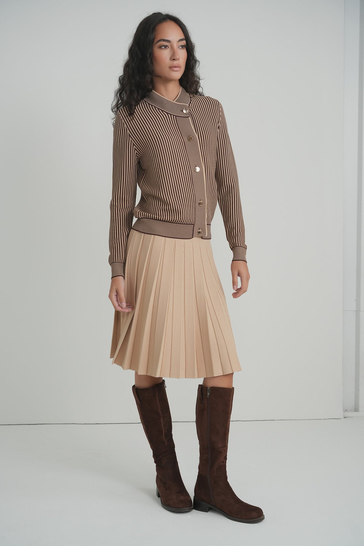 Pleated Wonder Skirt in Mocha – on model – ALEEZA PARIS