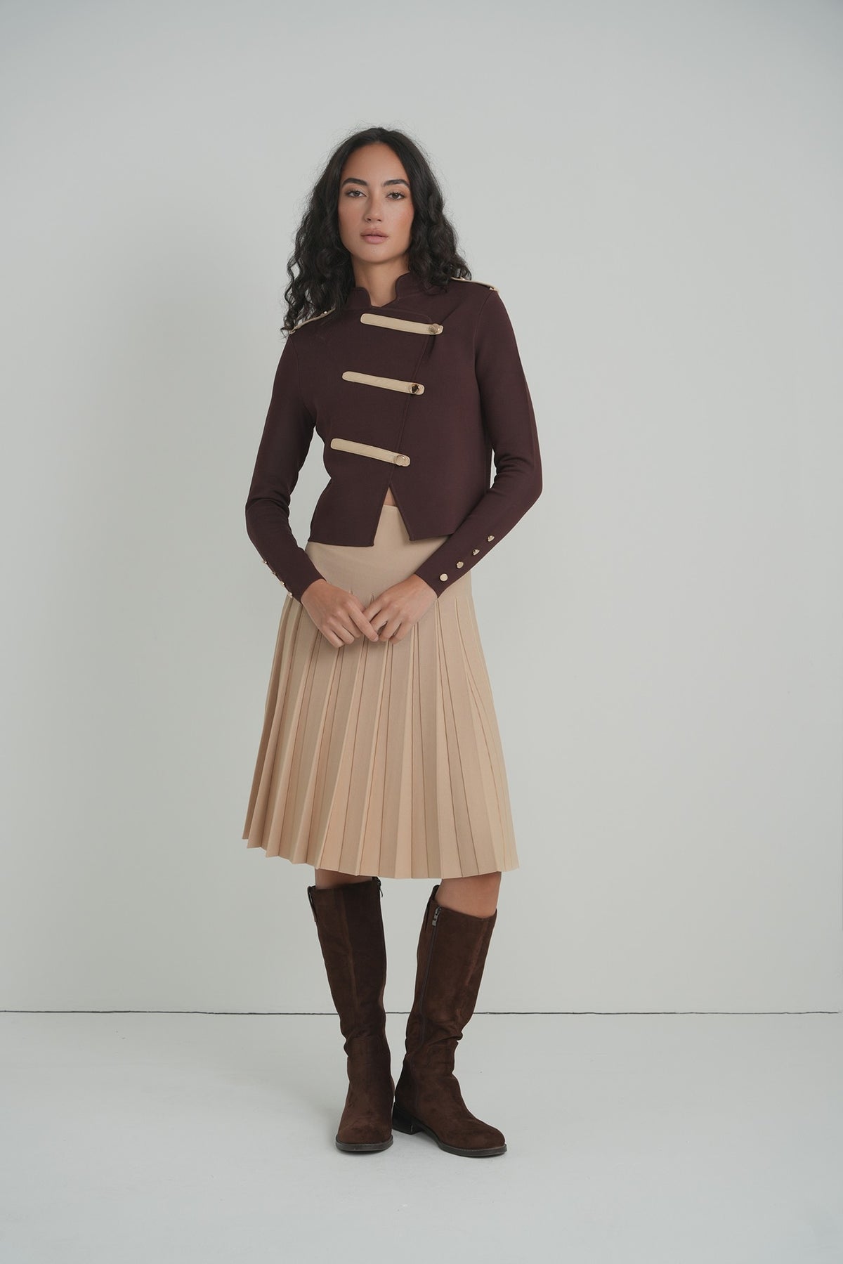 Pleated Wonder Skirt in Mocha – on model – ALEEZA PARIS