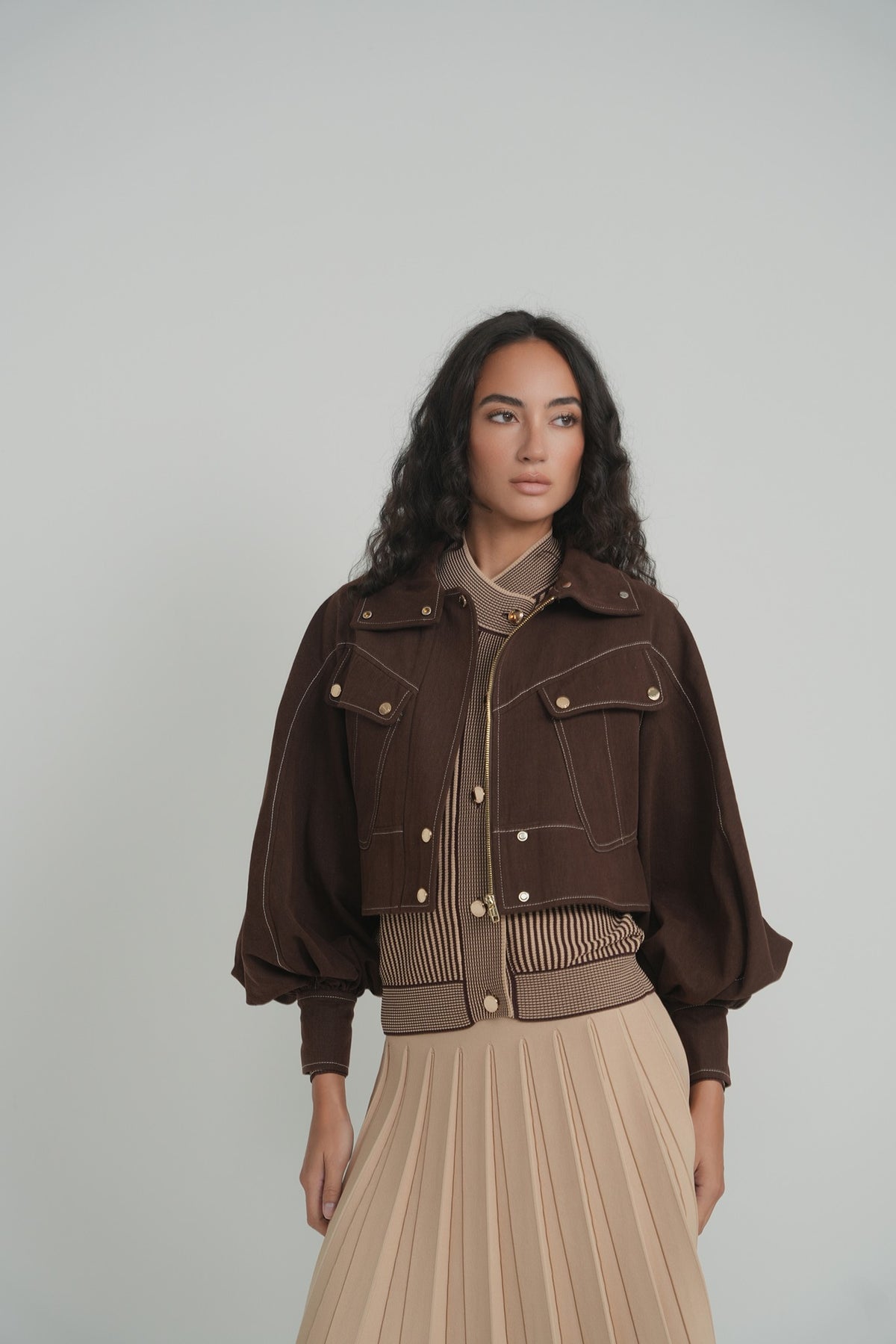 Pleated Wonder Skirt in Mocha – on model – ALEEZA PARIS
