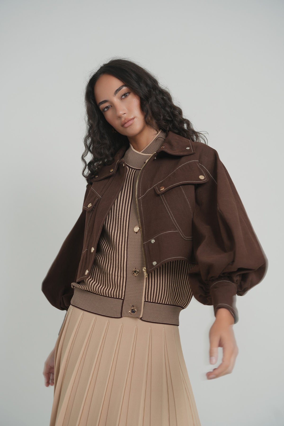 Pleated Wonder Skirt in Mocha – on model – ALEEZA PARIS