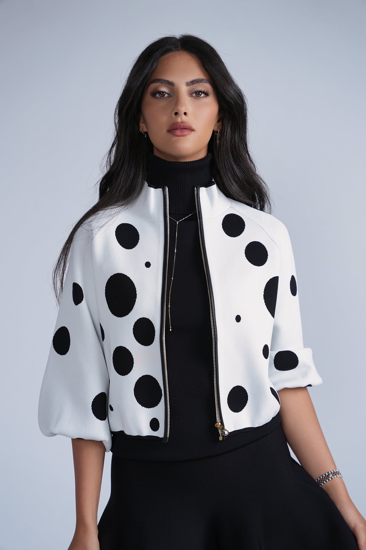 Aleeza Paris Polkadot Knit Bomber – modest jacket in Ivory W/ Black Polka Dots