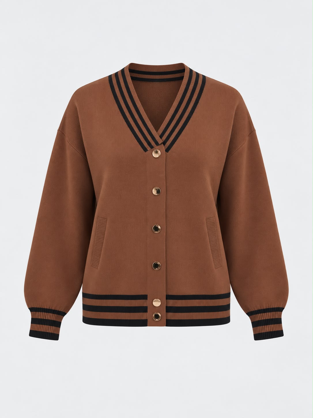 Preppy Stripe Knit Jacket in Cocoa With Black Stripes – ghost mannequin – ALEEZA PARIS