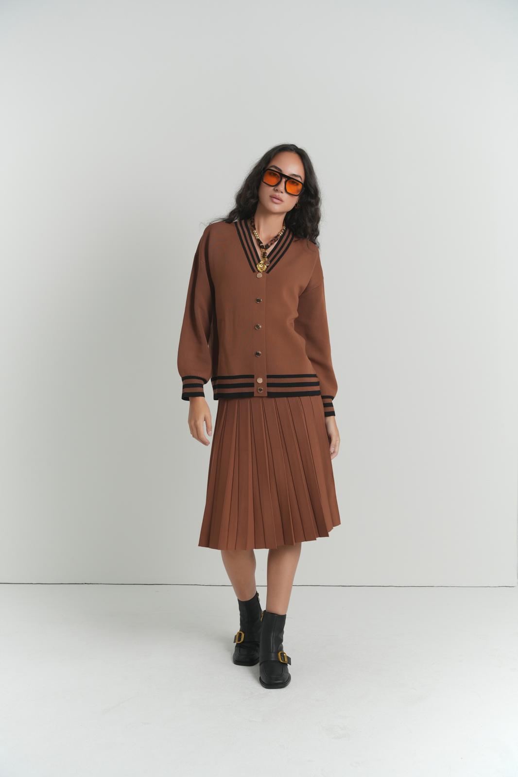 Preppy Stripe Knit Jacket in Cocoa With Black Stripes – on model – ALEEZA PARIS