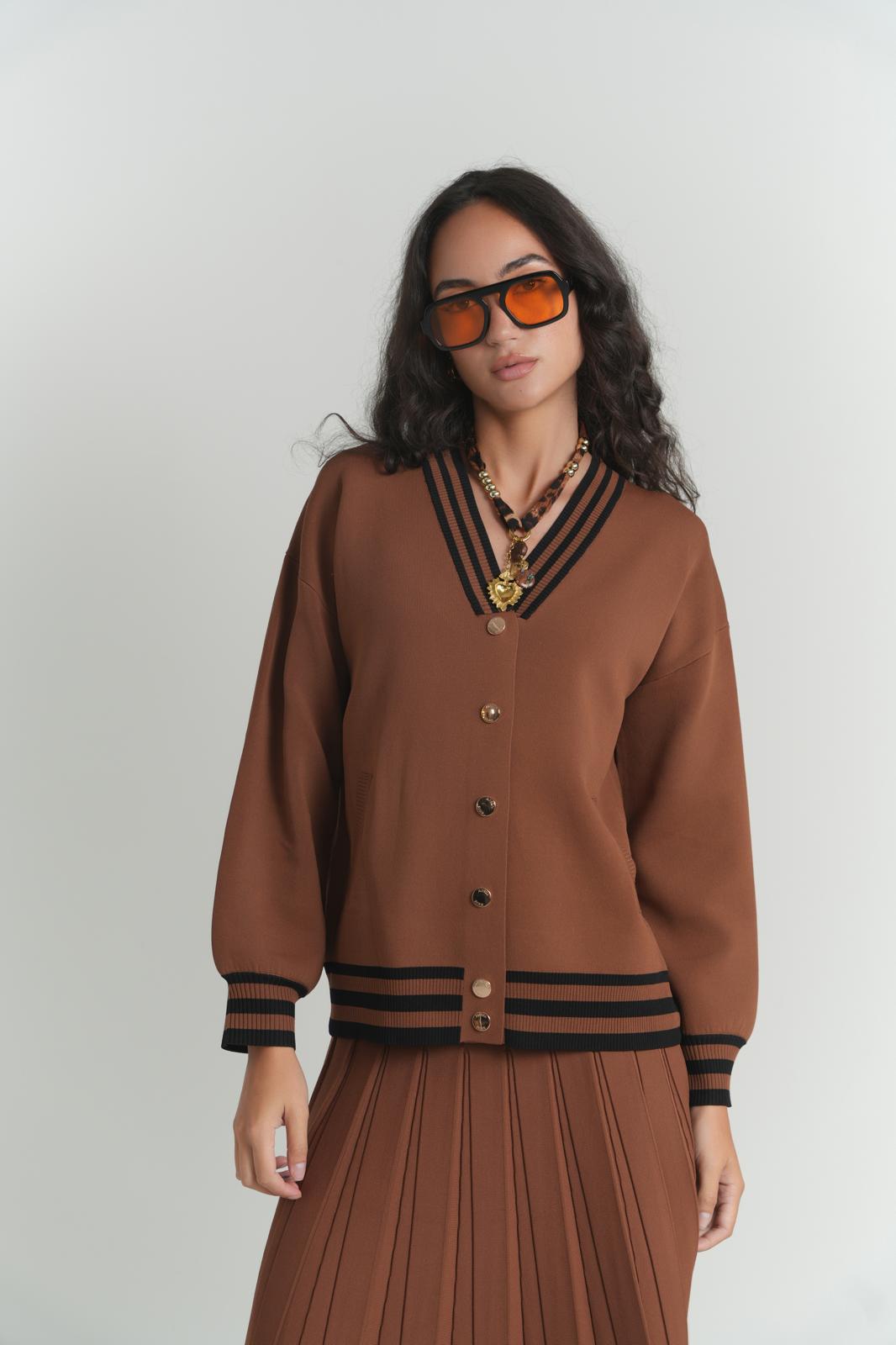Preppy Stripe Knit Jacket in Cocoa With Black Stripes – on model – ALEEZA PARIS