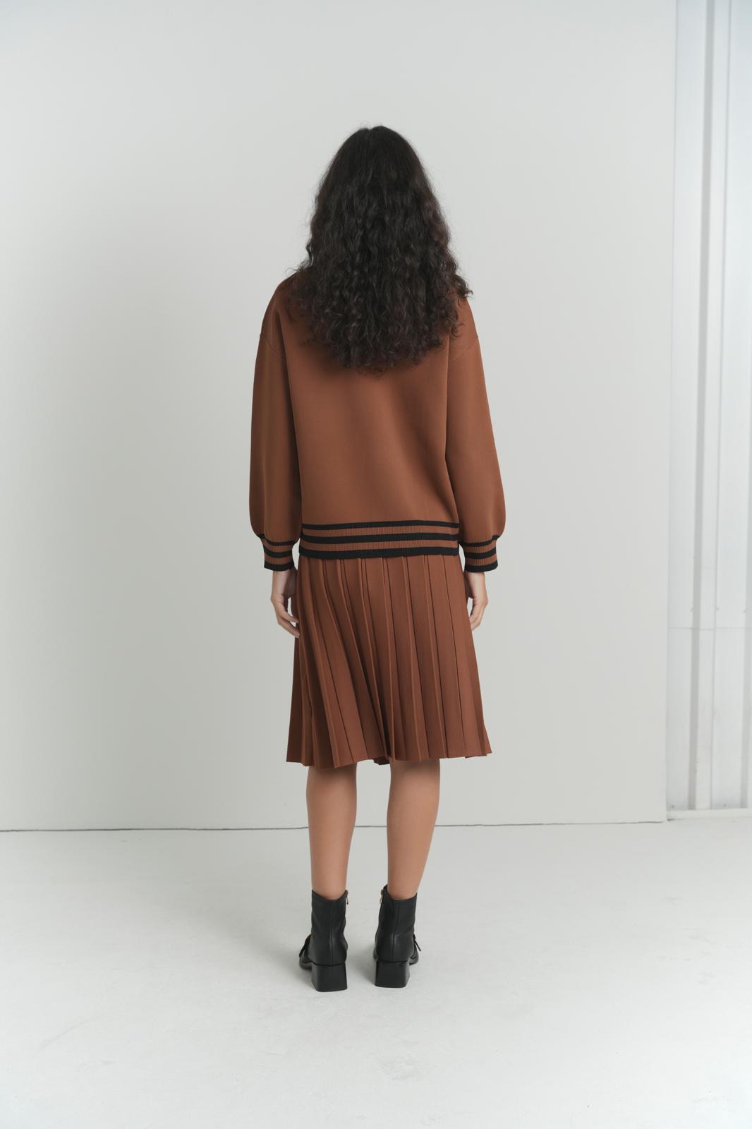 Preppy Stripe Knit Jacket in Cocoa With Black Stripes – on model – ALEEZA PARIS