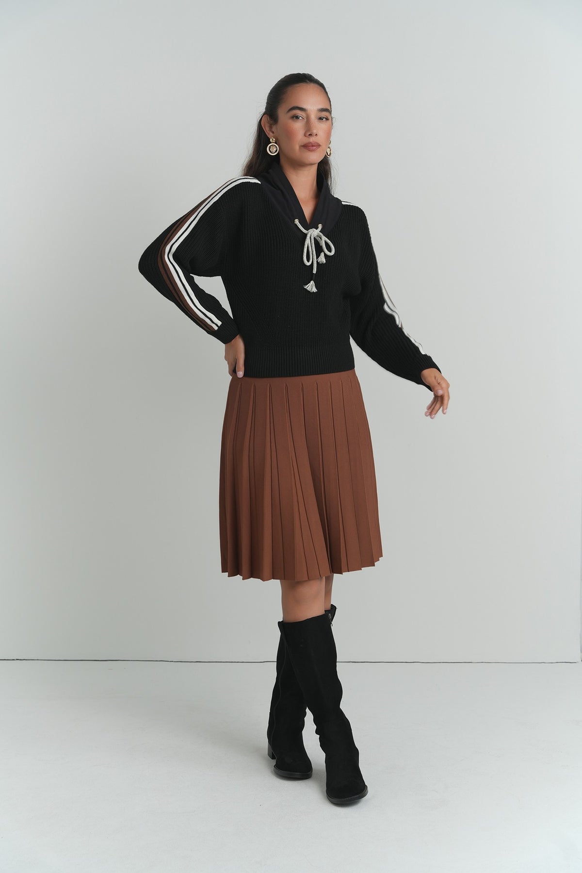 Remi Stripe Knit Sweater in Black – on model – ALEEZA PARIS