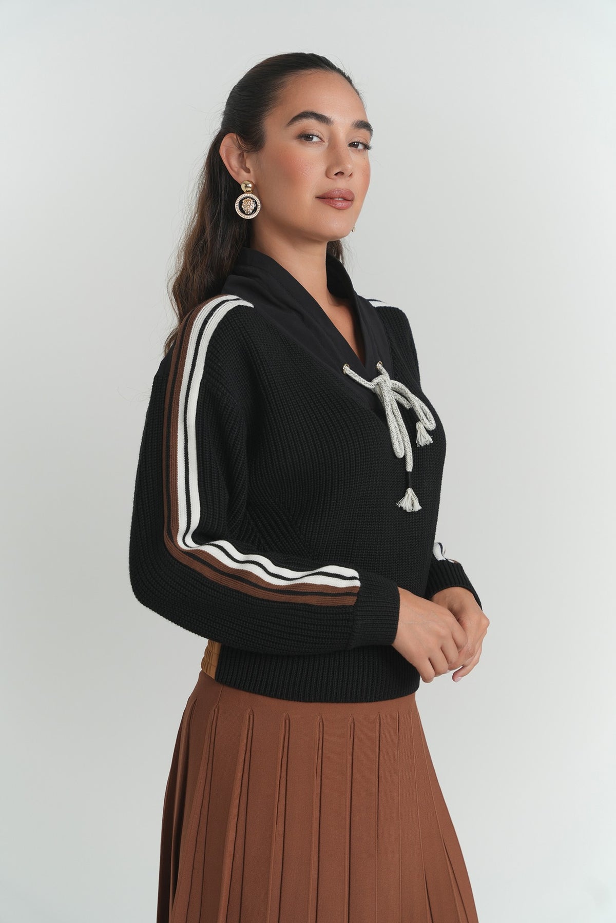 Remi Stripe Knit Sweater in Black – on model – ALEEZA PARIS