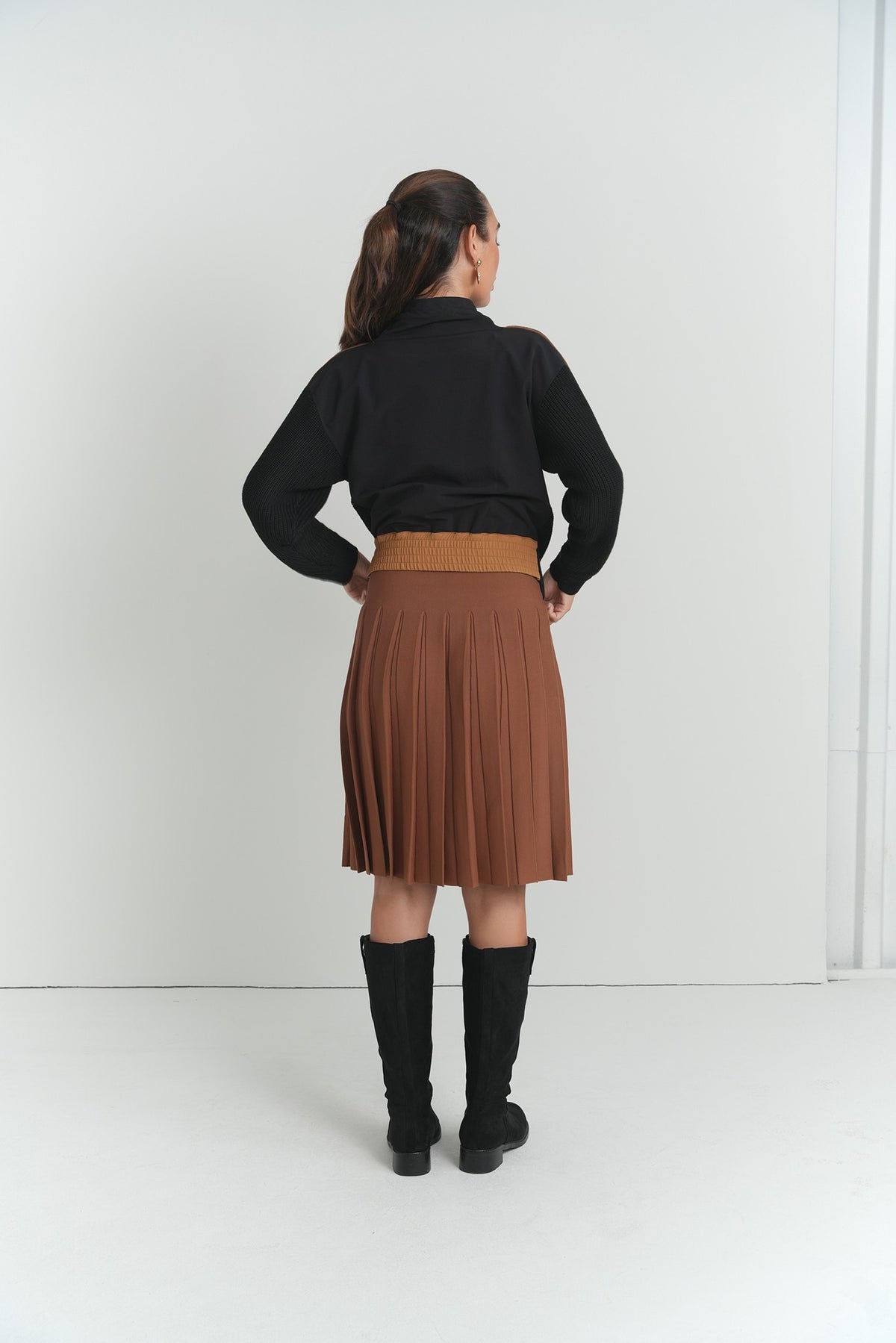 Remi Stripe Knit Sweater in Black – on model – ALEEZA PARIS