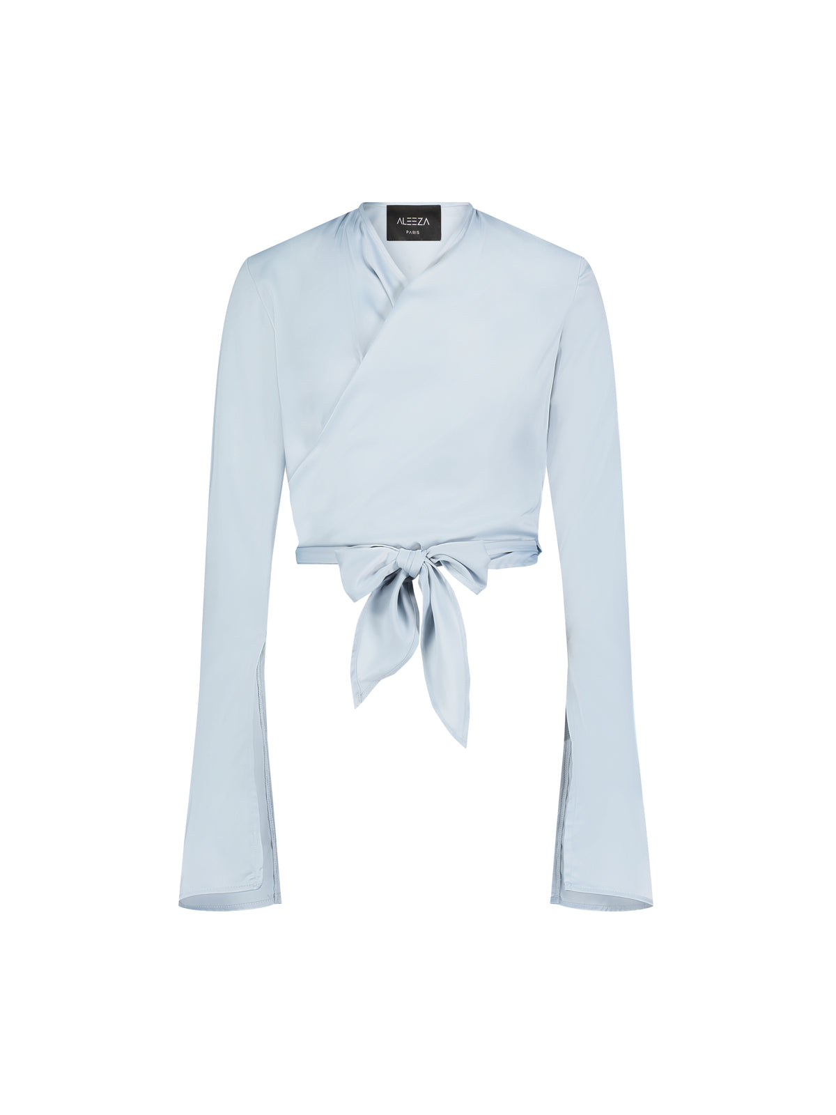 Aleeza Paris Grace Silk Wrap Shirt – modest top in Dusty Blue