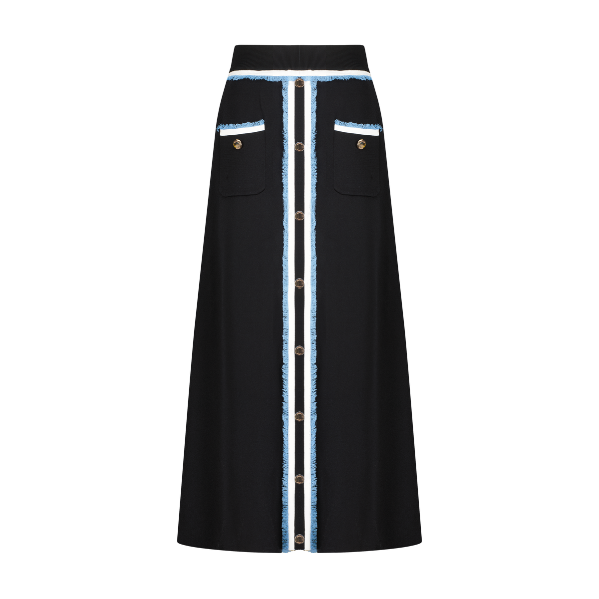 Aleeza Paris Soline Stripe Skirt – modest skirt in Black/Ivory, Light Blue Fringes