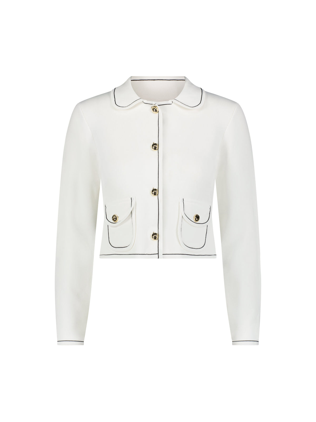 Aleeza Paris The Jorden Pocket Cardigan – modest top in Ivory W/ Black Trim