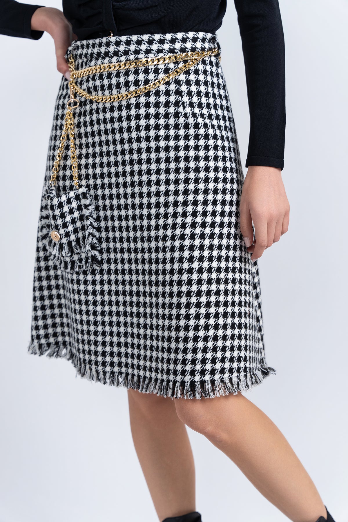 Aleeza Paris Tweed Fringe Skirt – modest skirt in Black/Ivory