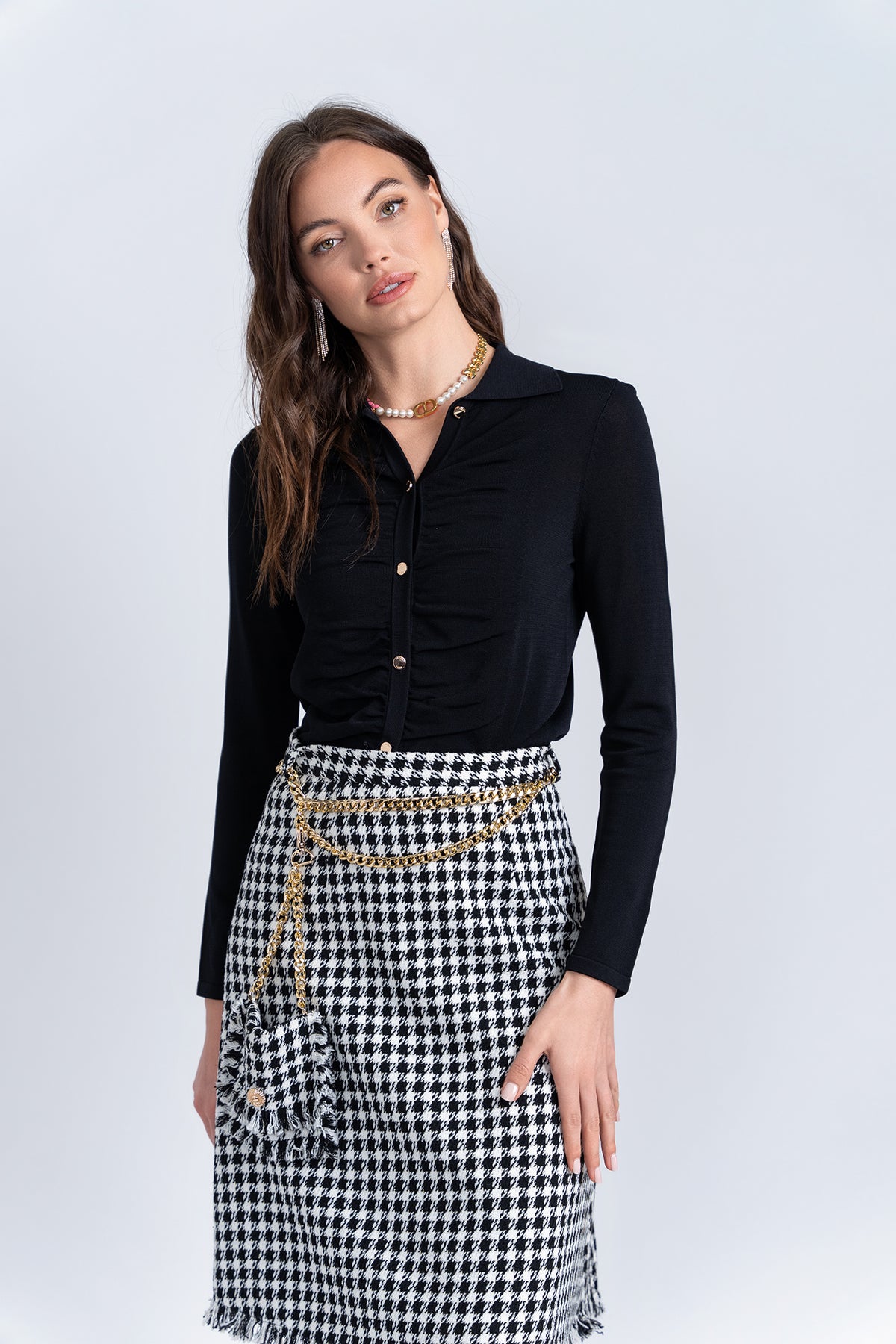 Aleeza Paris Tweed Fringe Skirt – modest skirt in Black/Ivory